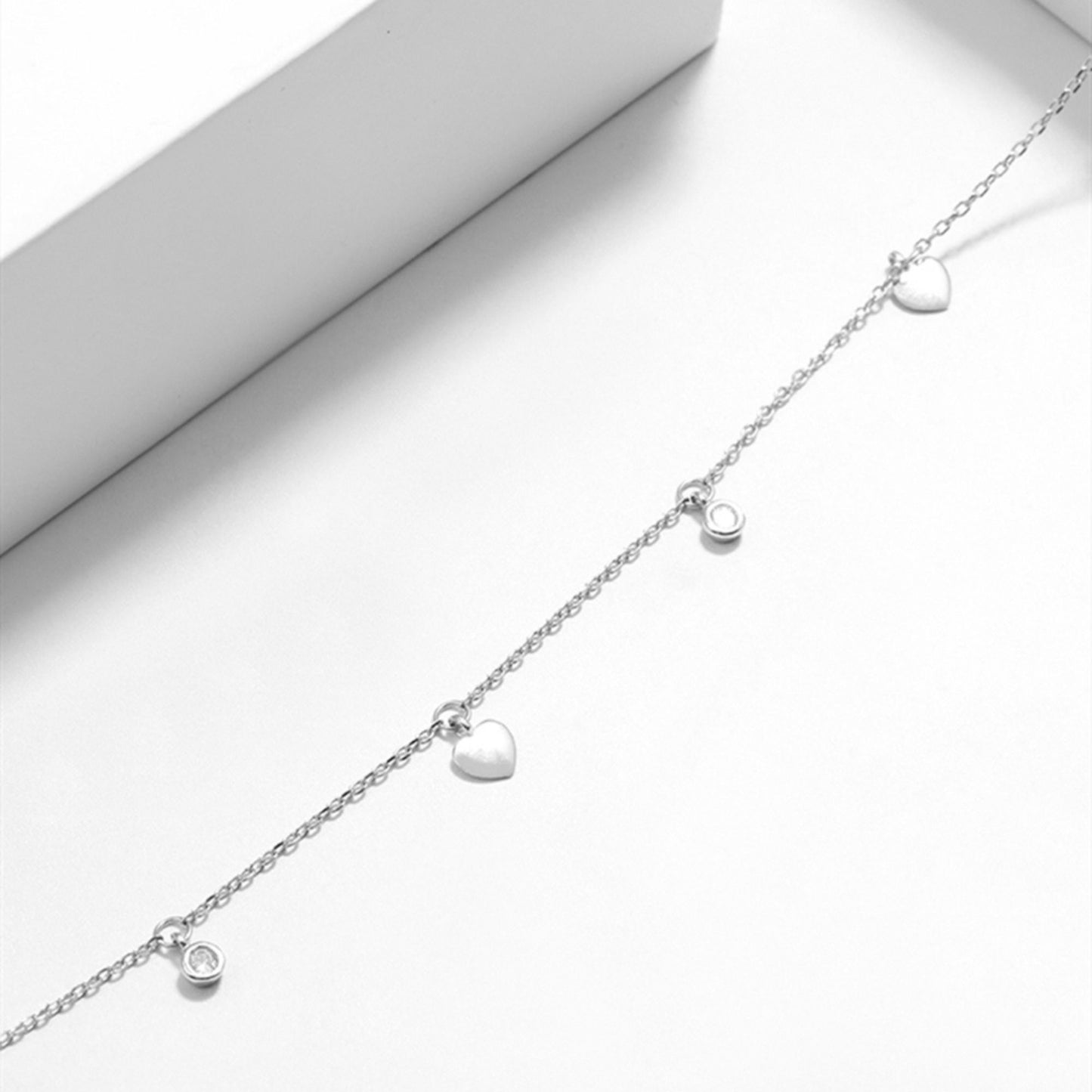 Rhodium on Sterling Silver Mini Love Heart Bezel CZ Charms Drip Choker Necklace - sugarkittenlondon