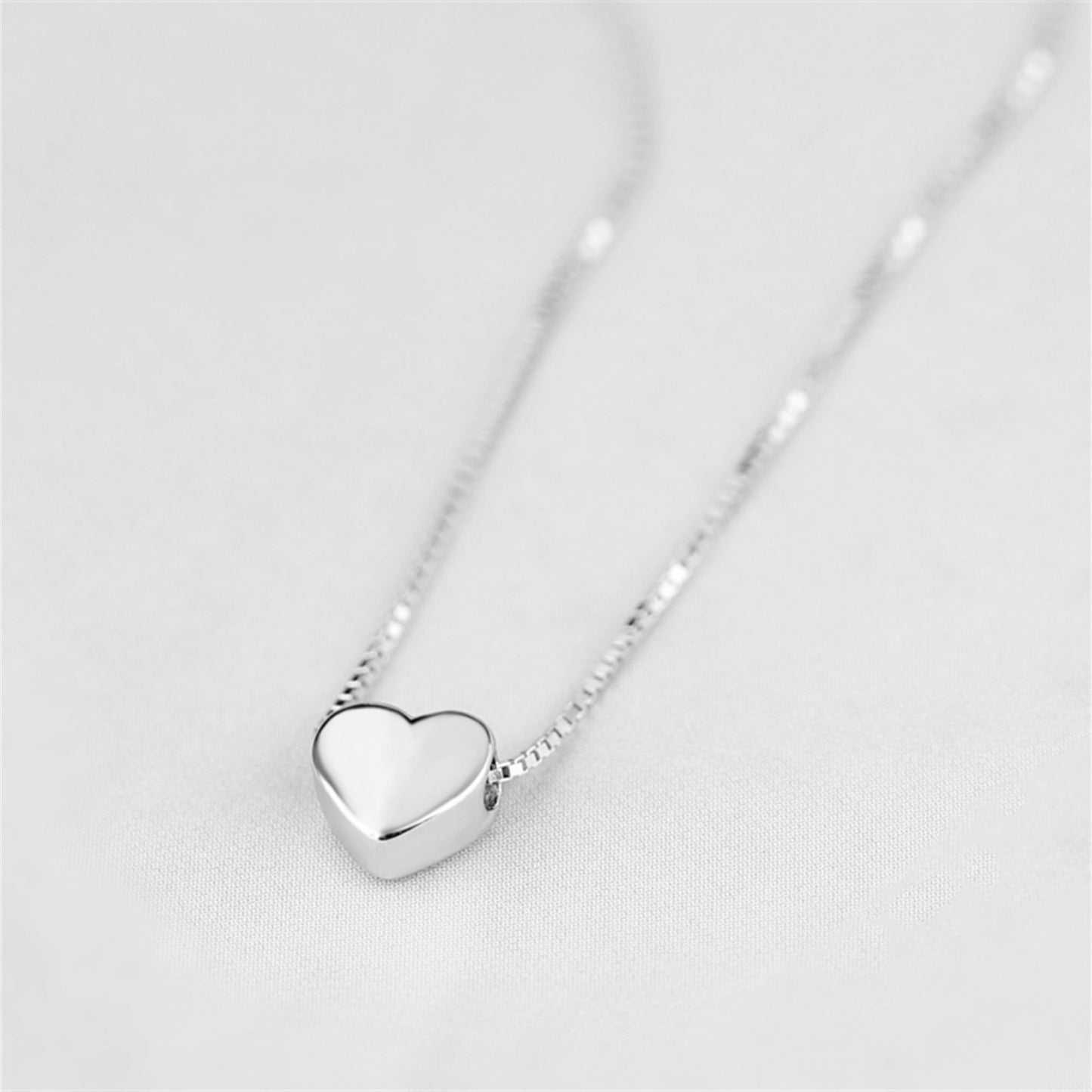 Rhodium on Sterling Silver Shiny Love Heart Spacer Charm Bead Box Chain Necklace - sugarkittenlondon