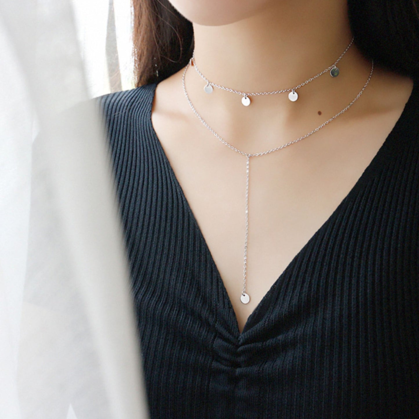 Sterling Silver Double Layer Multi Disc Dot Circle Choker Lariat Necklace - sugarkittenlondon
