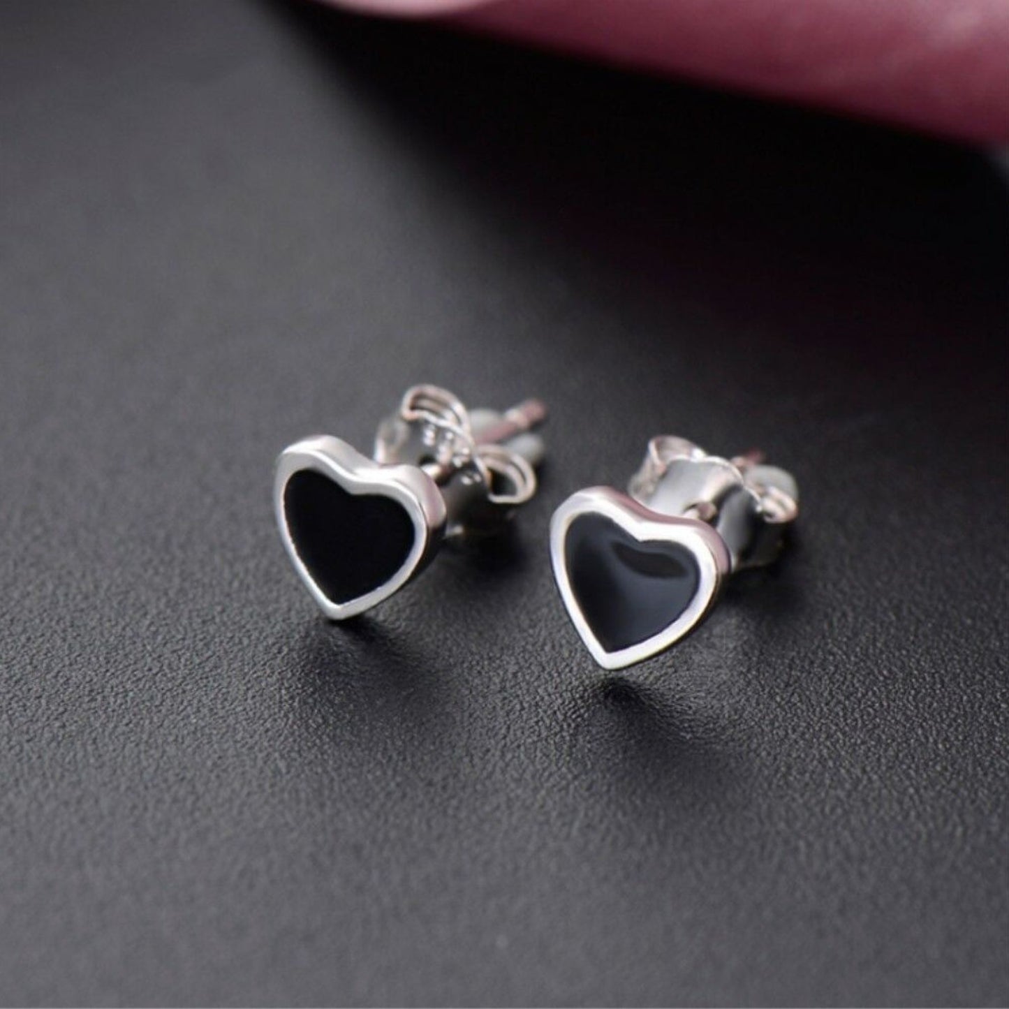 Sterling Silver Small Plain 5mm Black Glazed Love Heart Stud Earrings - sugarkittenlondon
