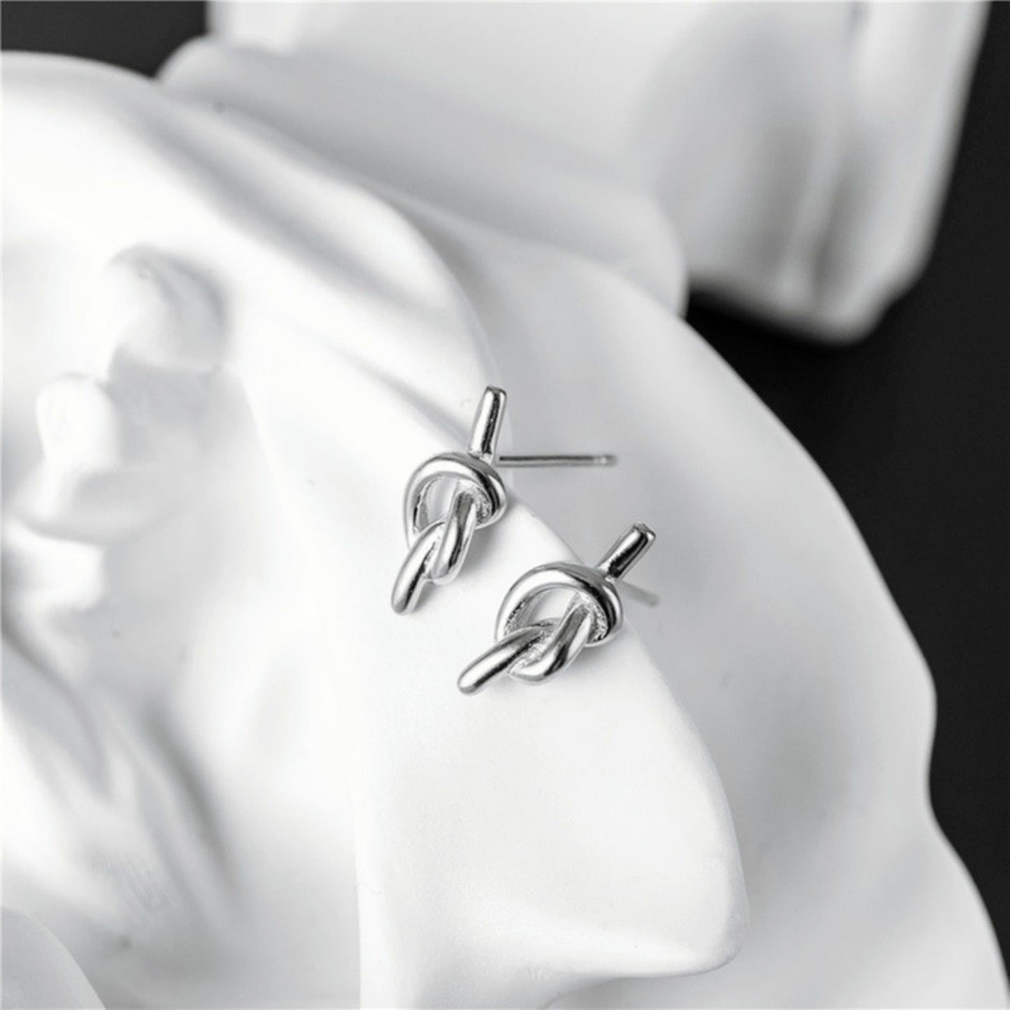 Rhodium on Sterling Silver Solid Love Heart Knot Pretzel Knot Stud Earrings - sugarkittenlondon