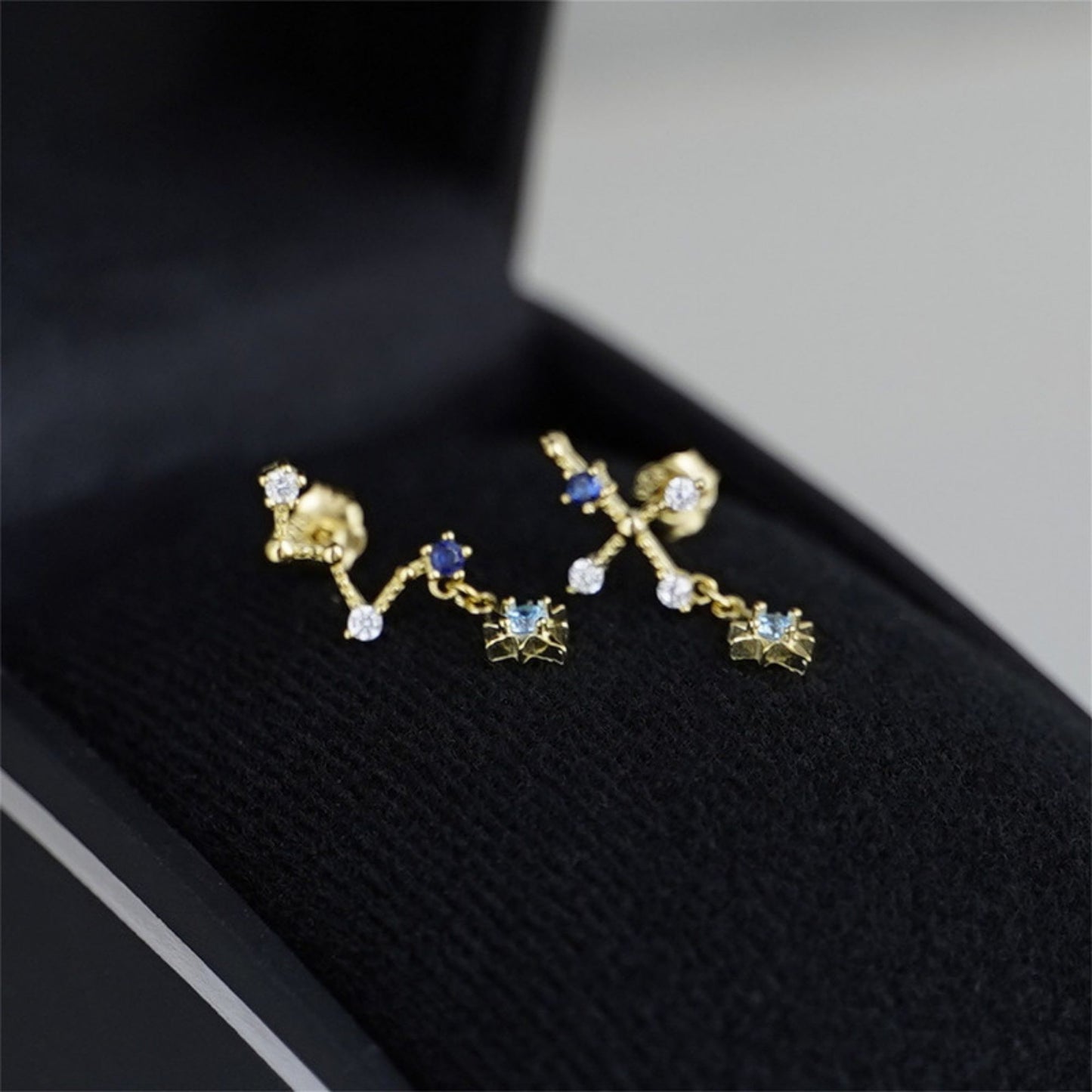 18K Gold on Sterling Silver CZ Big Dipper Blue Polaris Star Cross Climber Drop Earrings - sugarkittenlondon