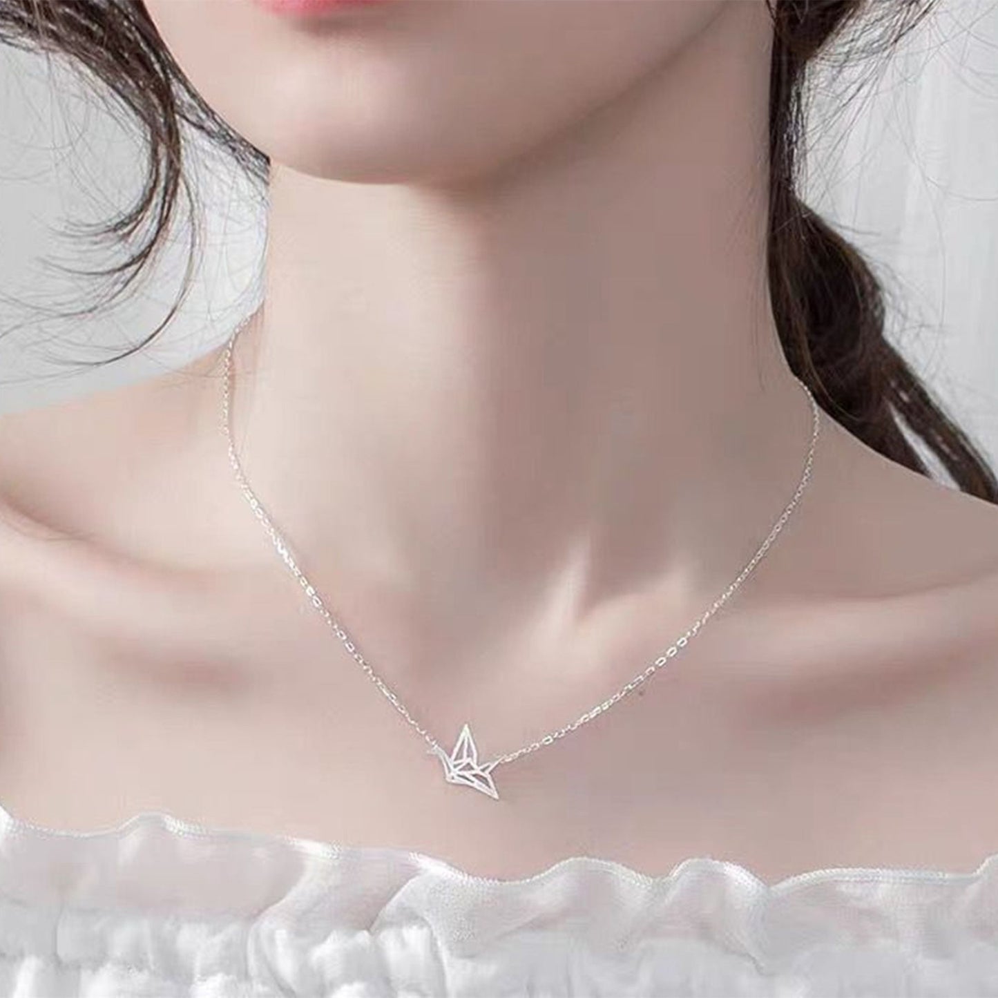 Sterling Silver Matte Brushed Origami Crane Bird Charm Pendant Necklace - sugarkittenlondon