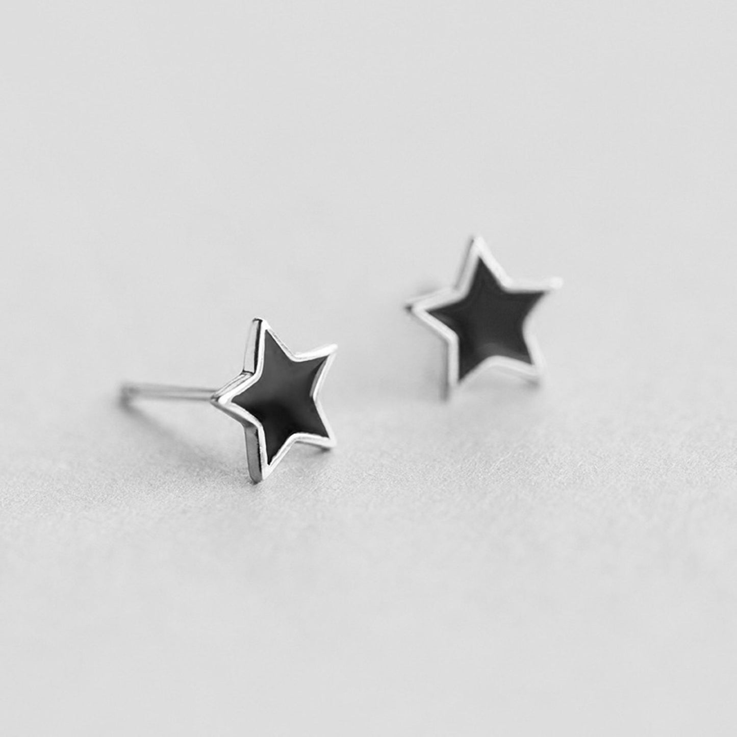 Rhodium on Sterling Silver 8mm Star Black Glazed Plain Stud Earrings Boxed - sugarkittenlondon