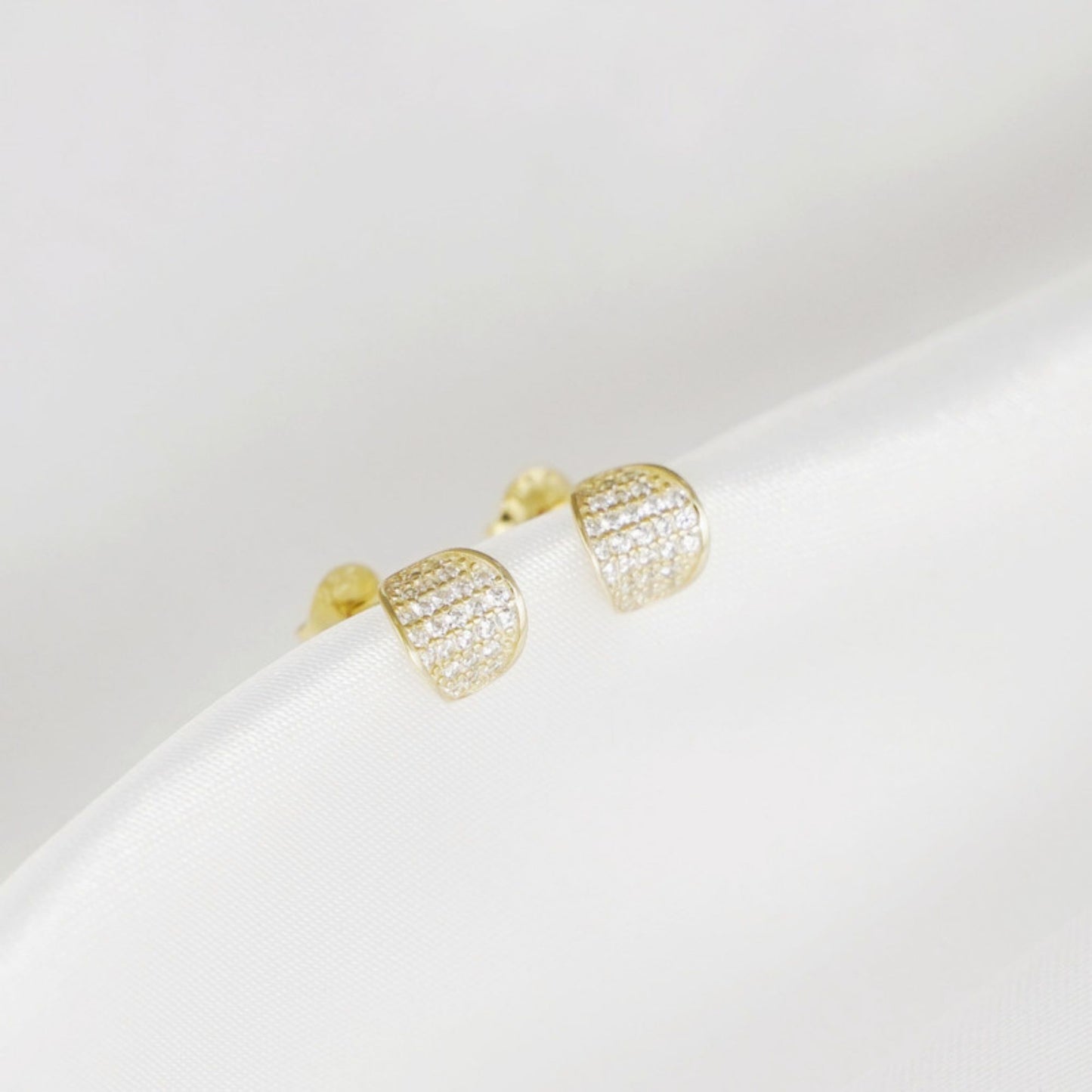 Pave CZ Gold Stud Earrings with Curvy Hoops on sterling silver