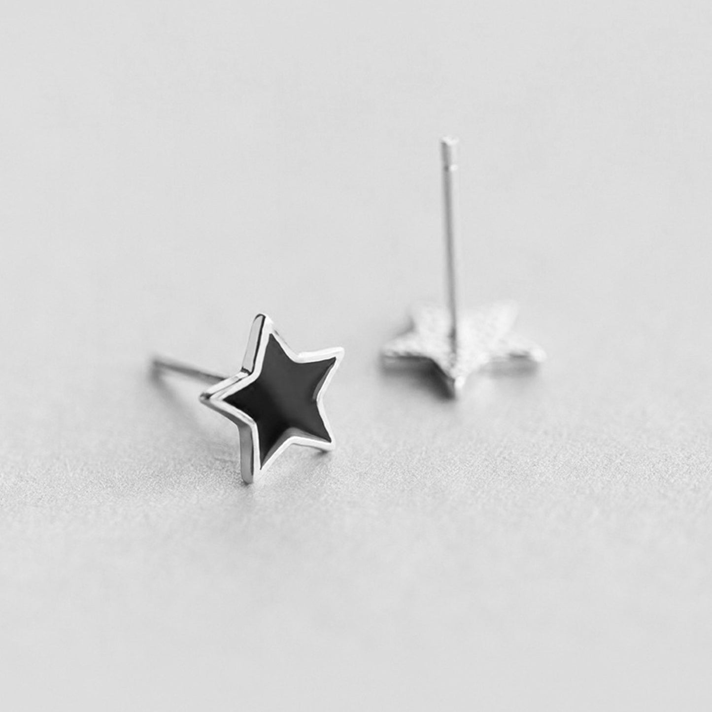 Rhodium on Sterling Silver 8mm Star Black Glazed Plain Stud Earrings Boxed - sugarkittenlondon