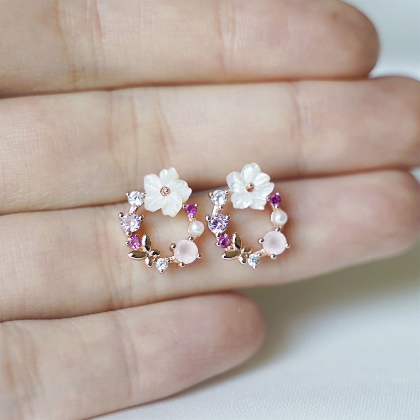 Sterling Silver Rose Gold Natural Mother of Pearl CZ Flower Butterfly Earrings - sugarkittenlondon