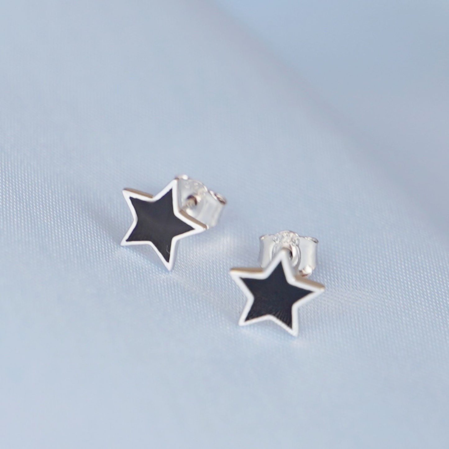Rhodium on Sterling Silver 8mm Star Black Glazed Plain Stud Earrings Boxed - sugarkittenlondon
