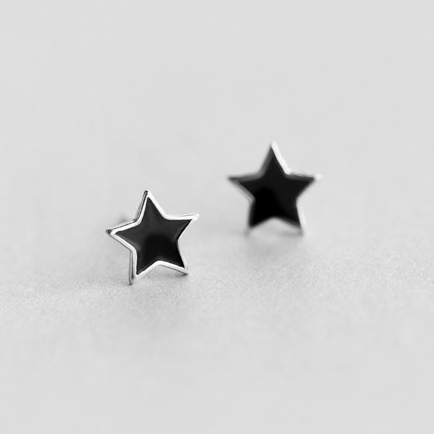 Rhodium on Sterling Silver 8mm Star Black Glazed Plain Stud Earrings Boxed - sugarkittenlondon