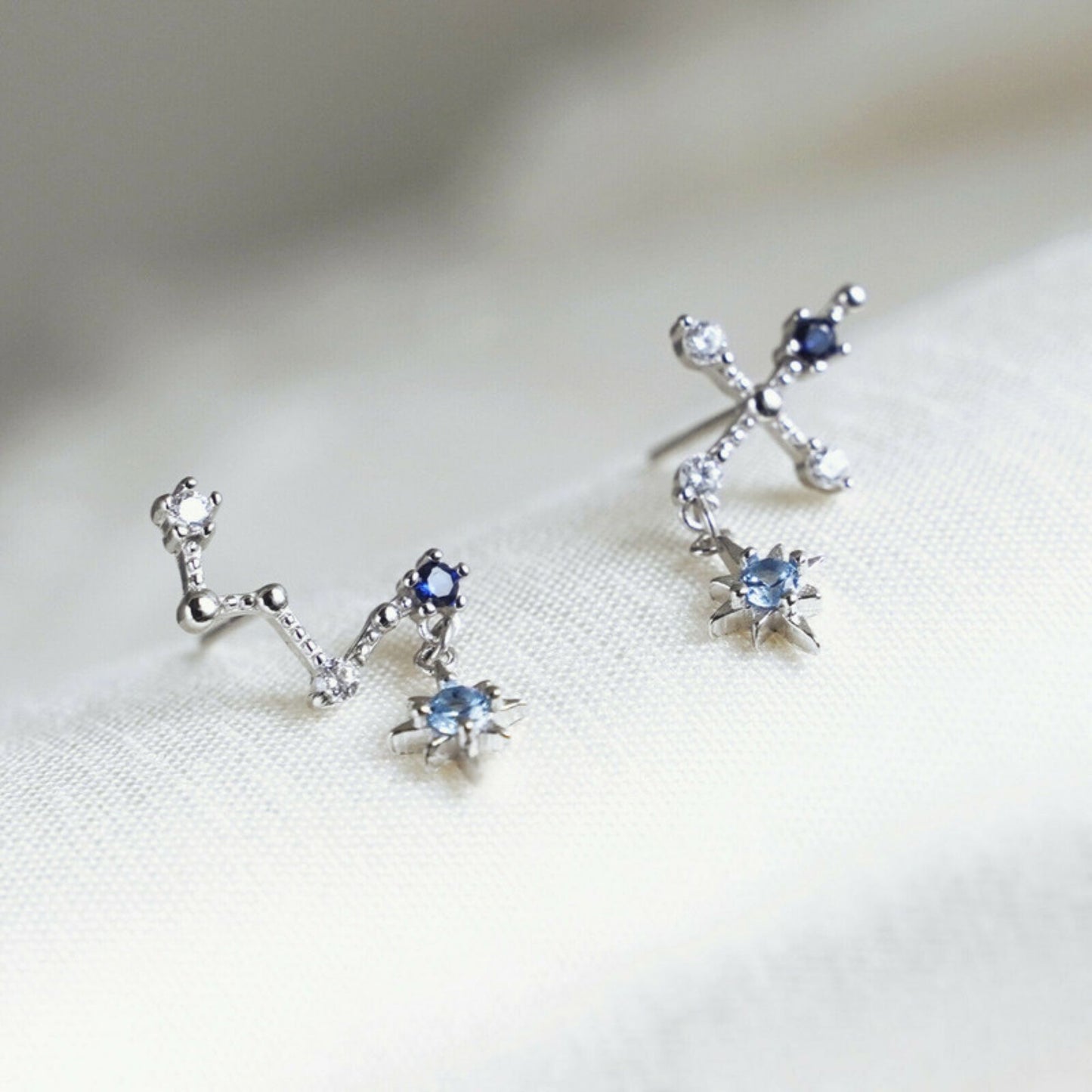 Sterling Silver CZ Big Dipper Blue Polaris Star Cross Climber Drop Earrings - sugarkittenlondon