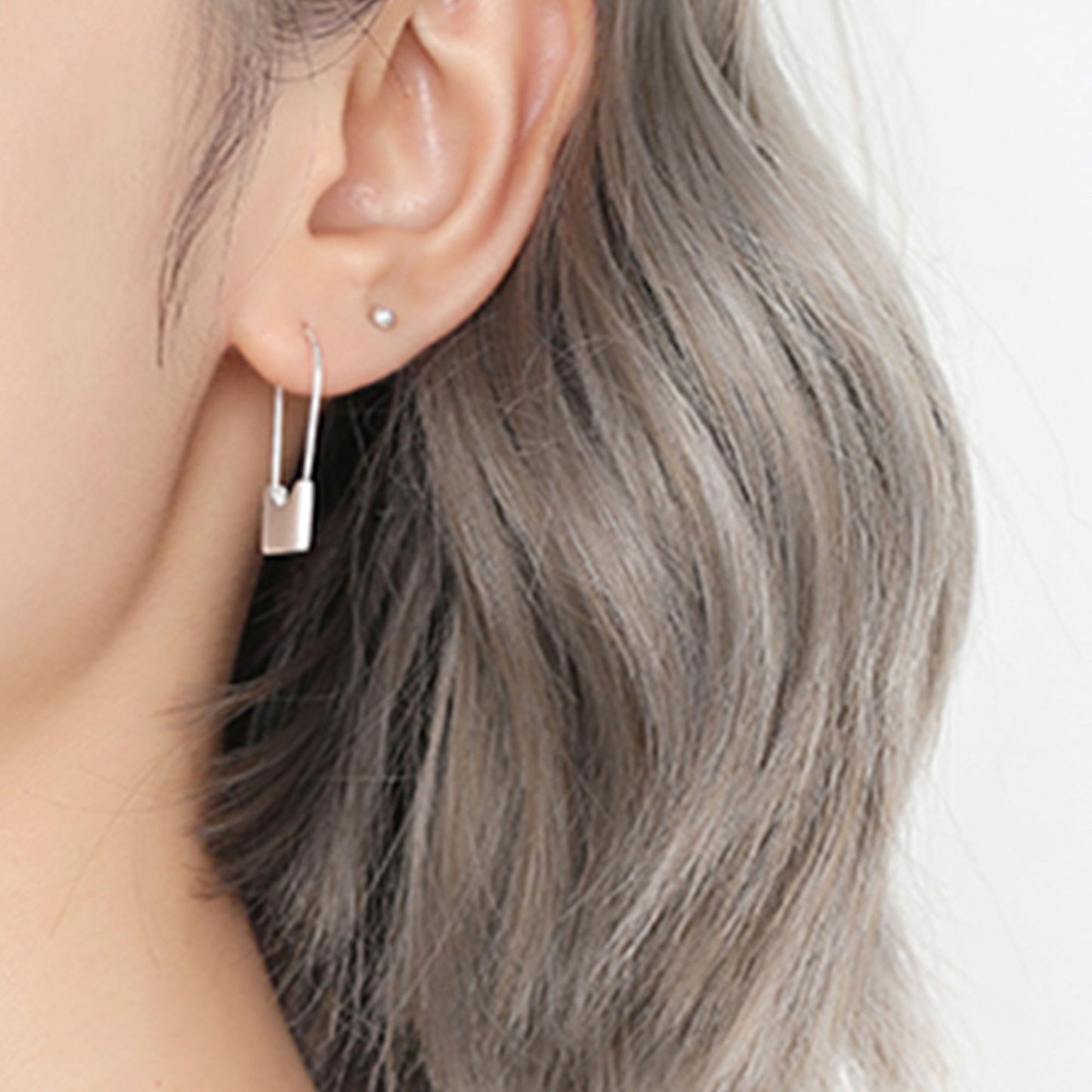 925 Sterling Silver Safety Pin Hoop Earrings with Padlock Charm