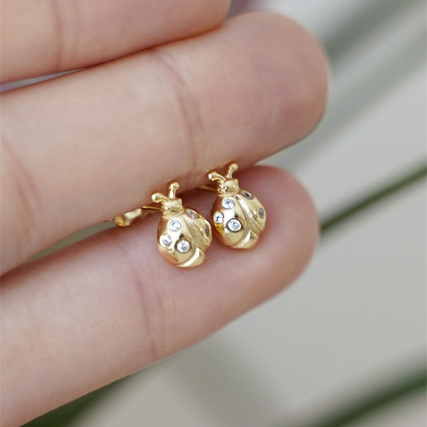 18K Gold on Sterling Silver Ladybird Stud Earrings with CZ