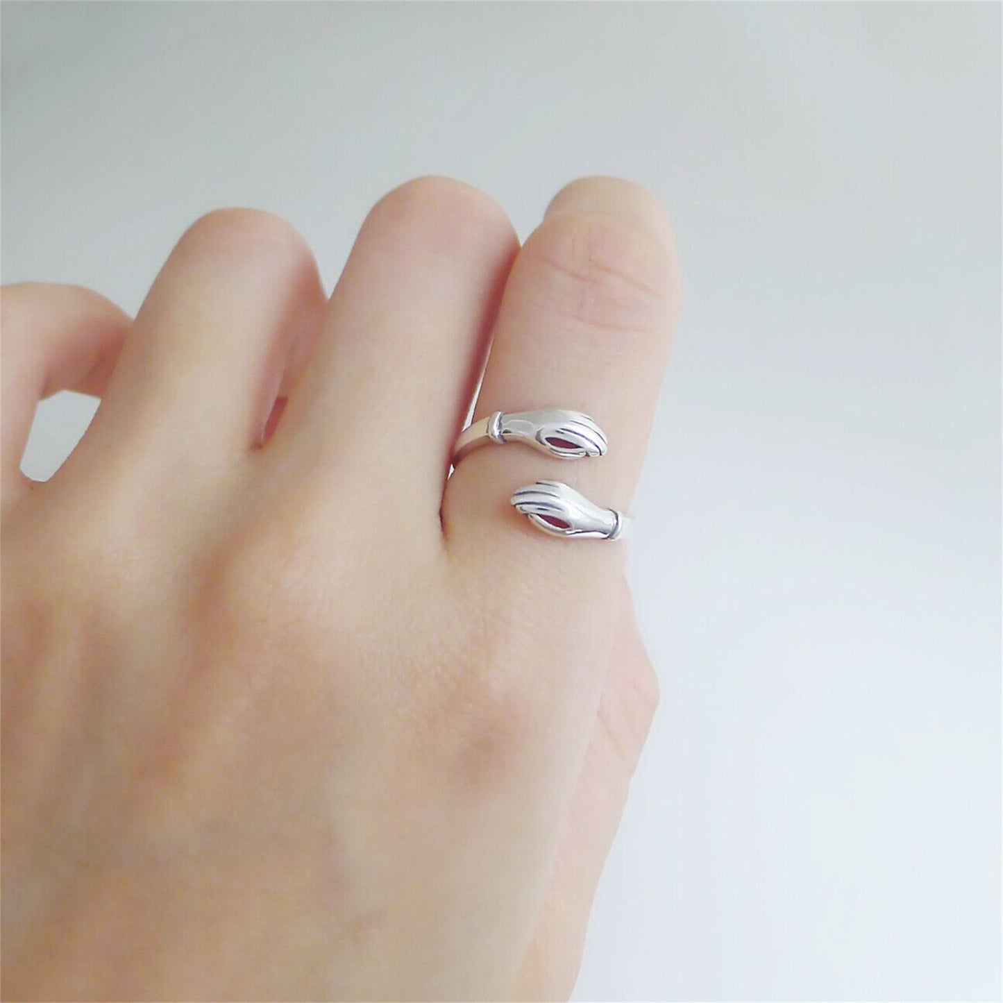 Sterling Silver Hugging Hands Love Friendship Support Open Band Ring 2 Tones - sugarkittenlondon