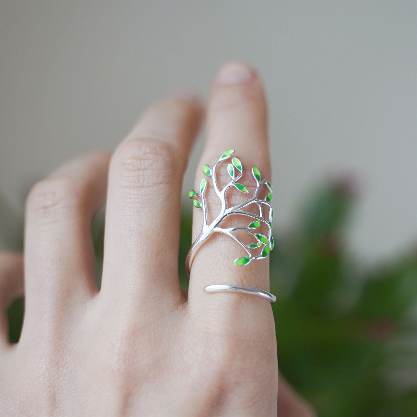 Sterling Silver Tree of Life Green Glazed Leaf Branch Forest Wrap Ring - sugarkittenlondon