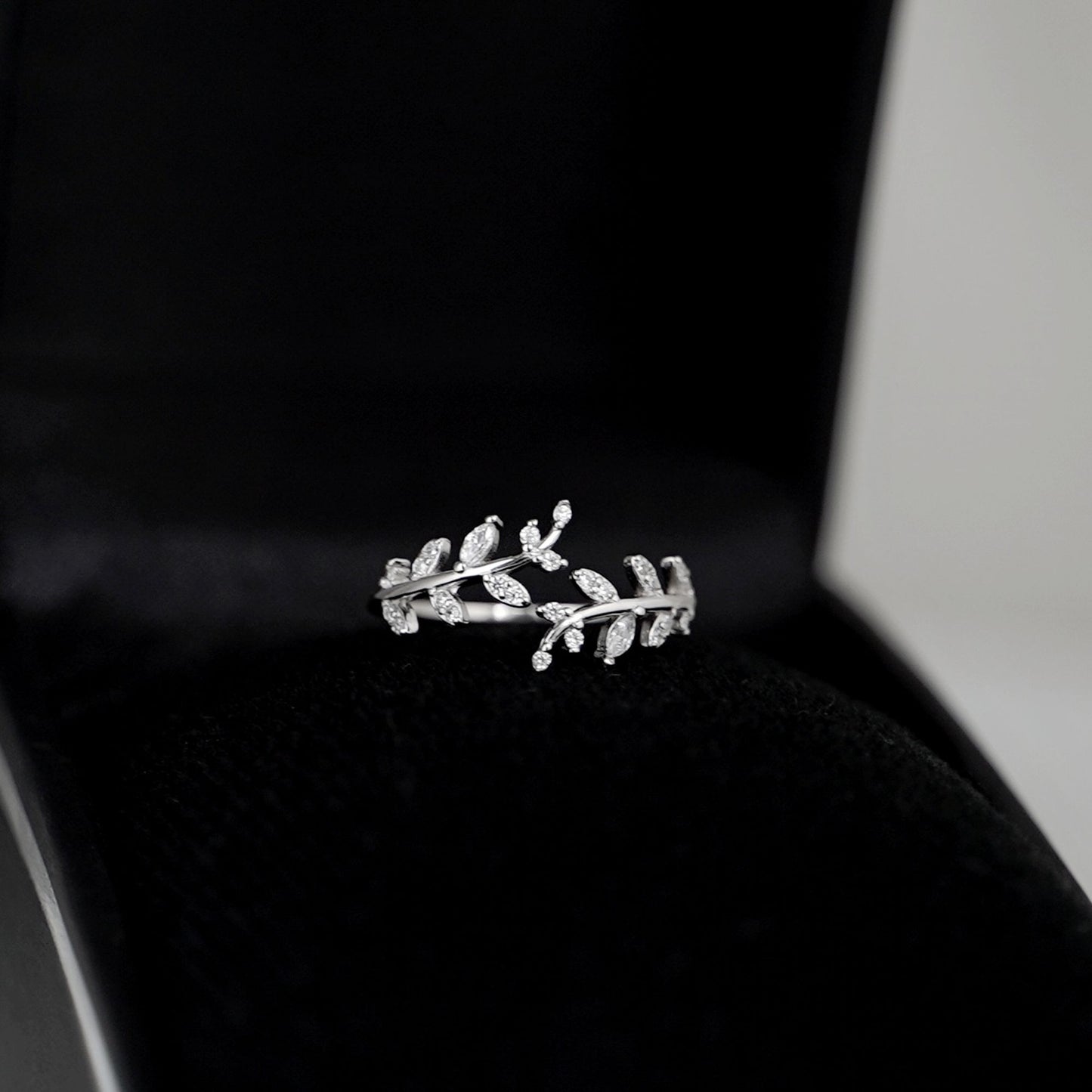 Rhodium on Sterling Silver Sparkling Crystal CZ Leaf Feather Bridal Wrap Ring - sugarkittenlondon