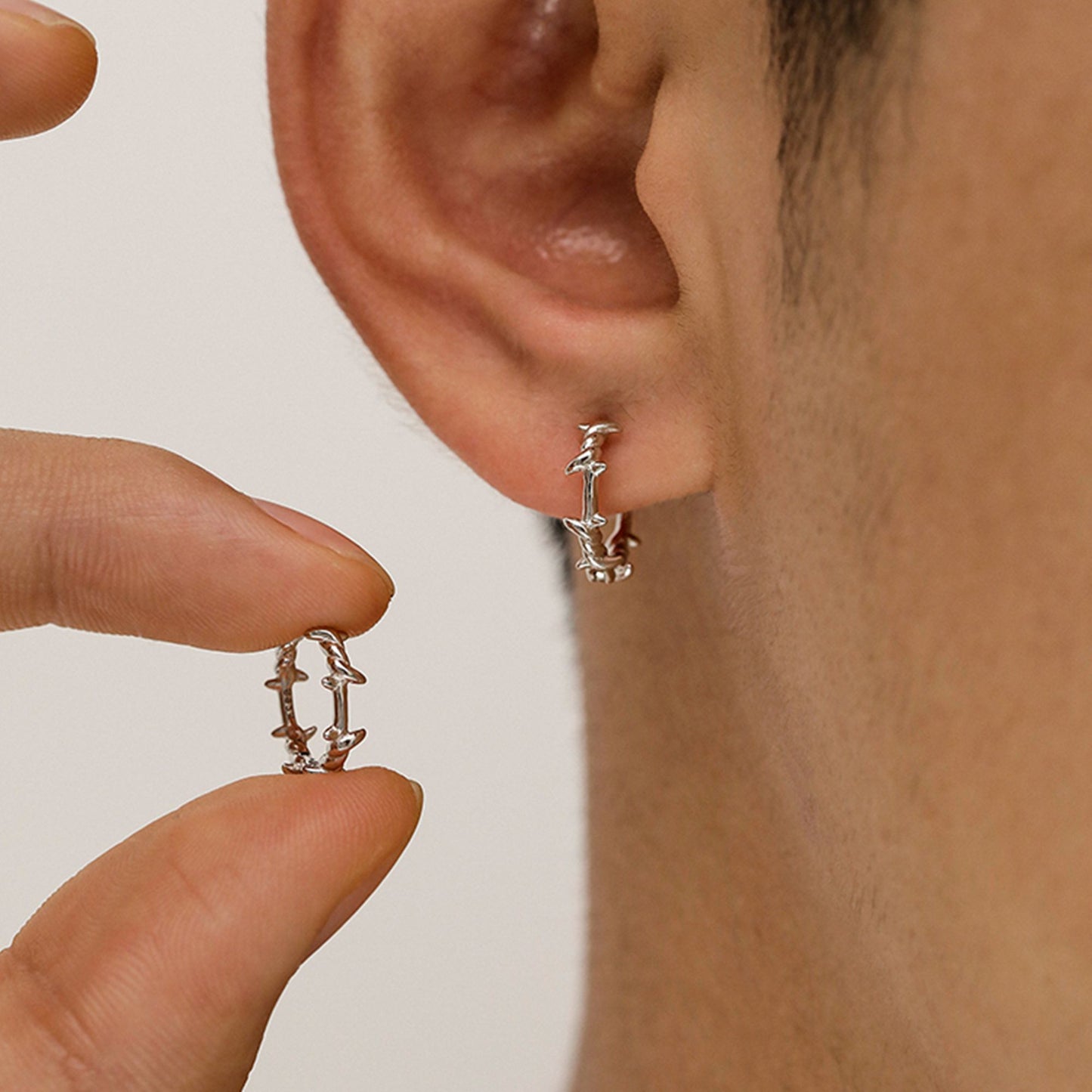 925 Sterling Silver Barb Wire Hoop Sleeper Earrings with Twisted Thorn Branch Design