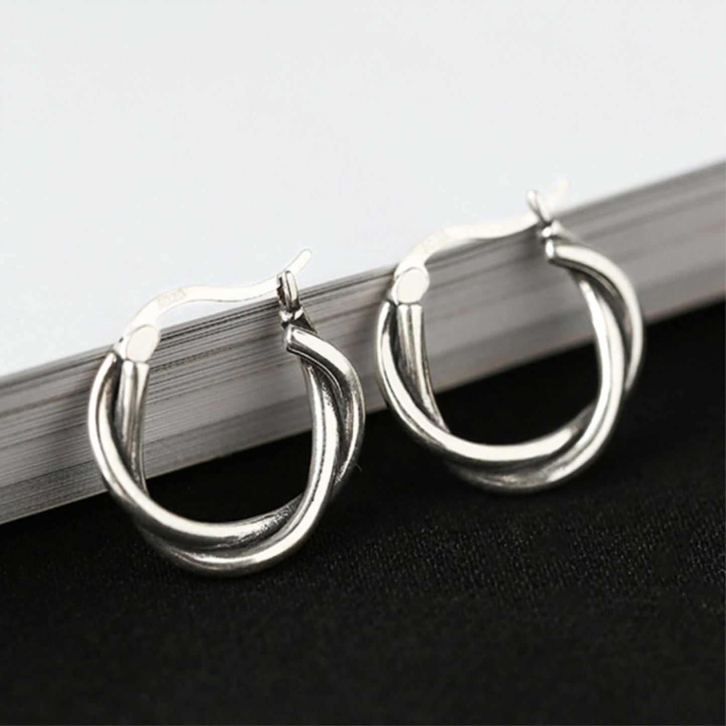 19mm Sterling Silver Oxidized Twist Hoop Earrings with Knot Detail