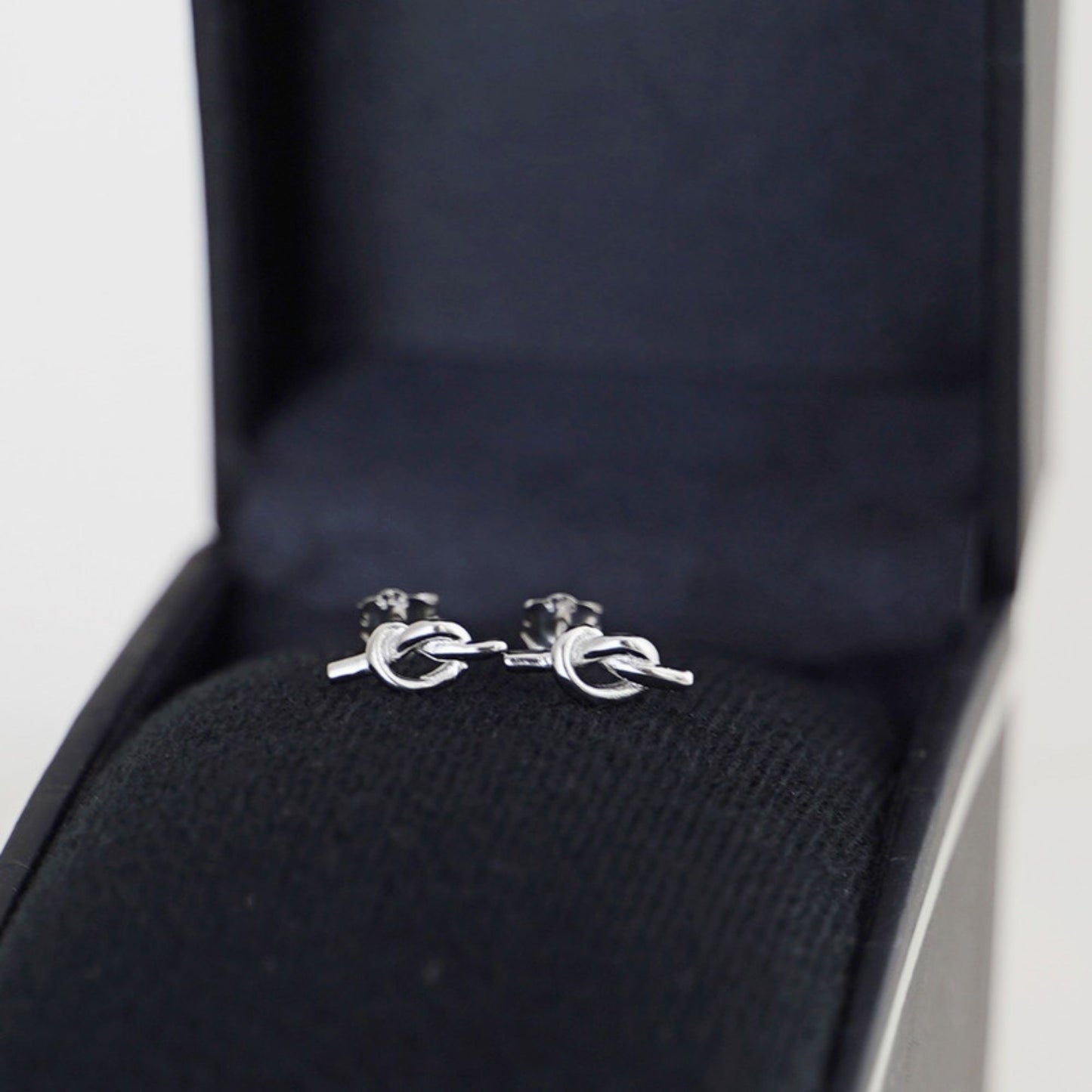 Rhodium on Sterling Silver Solid Love Heart Knot Pretzel Knot Stud Earrings - sugarkittenlondon