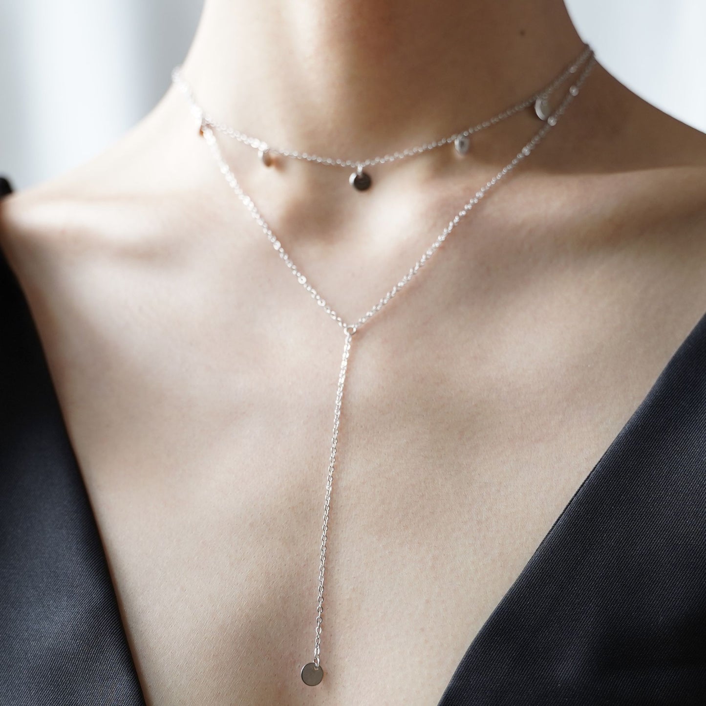 Sterling Silver Double Layer Multi Disc Dot Circle Choker Lariat Necklace - sugarkittenlondon