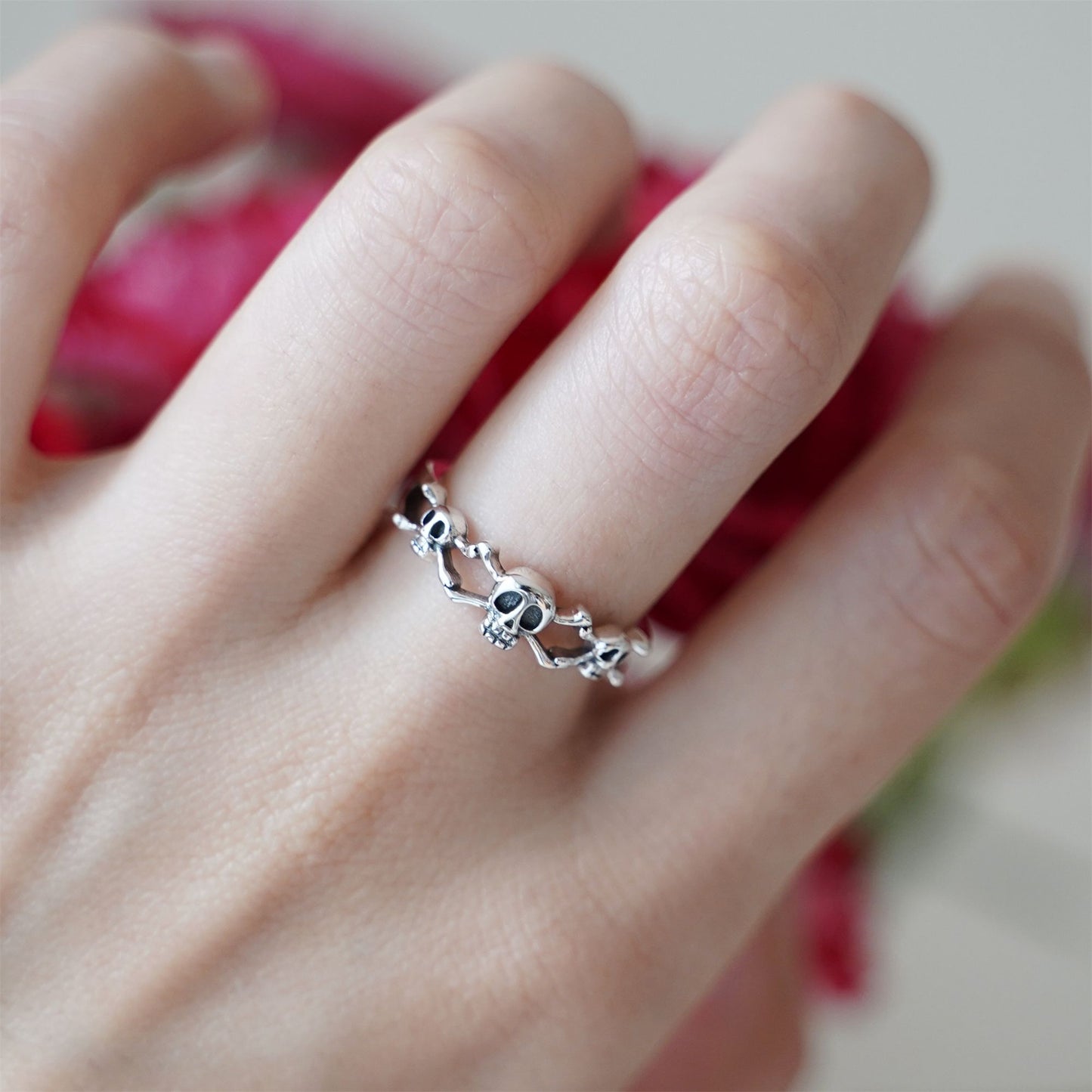 Sterling Silver Triple Skull Skeleton Crossbones Pirate Halloween Open Band Ring - sugarkittenlondon