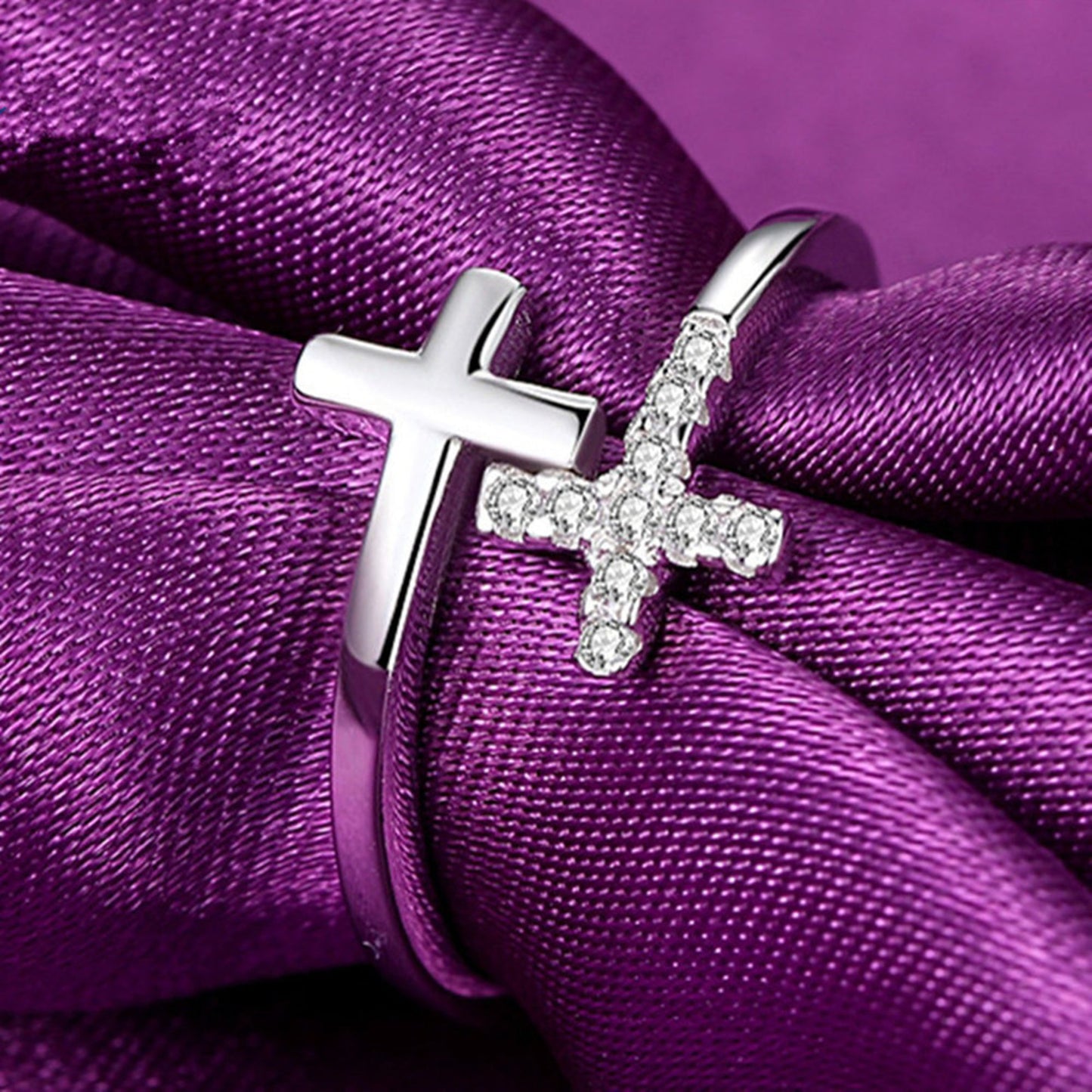 Rhodium on Sterling Silver Double Cross Paved CZ Wrap Open Band Ring - sugarkittenlondon