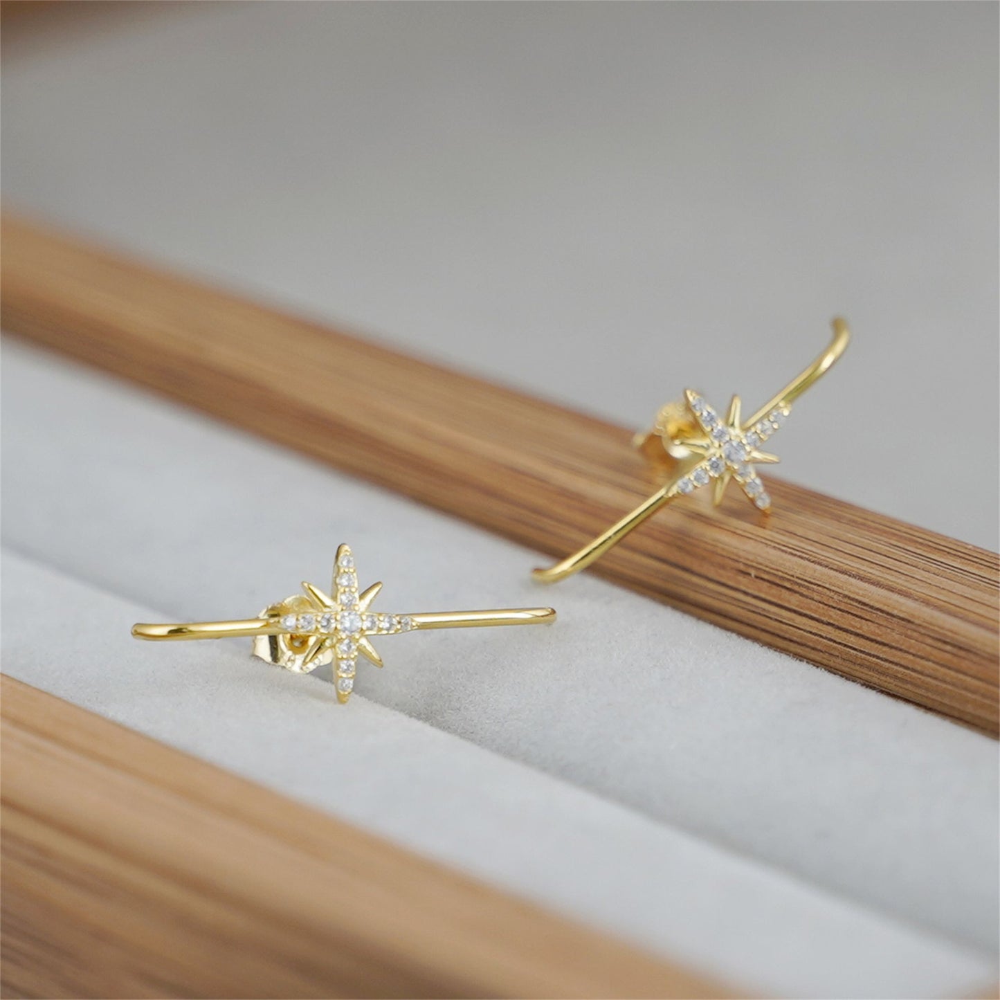 18K Gold on Sterling Silver North Pole Star CZ Suspender Bar Cuff Stud Earrings