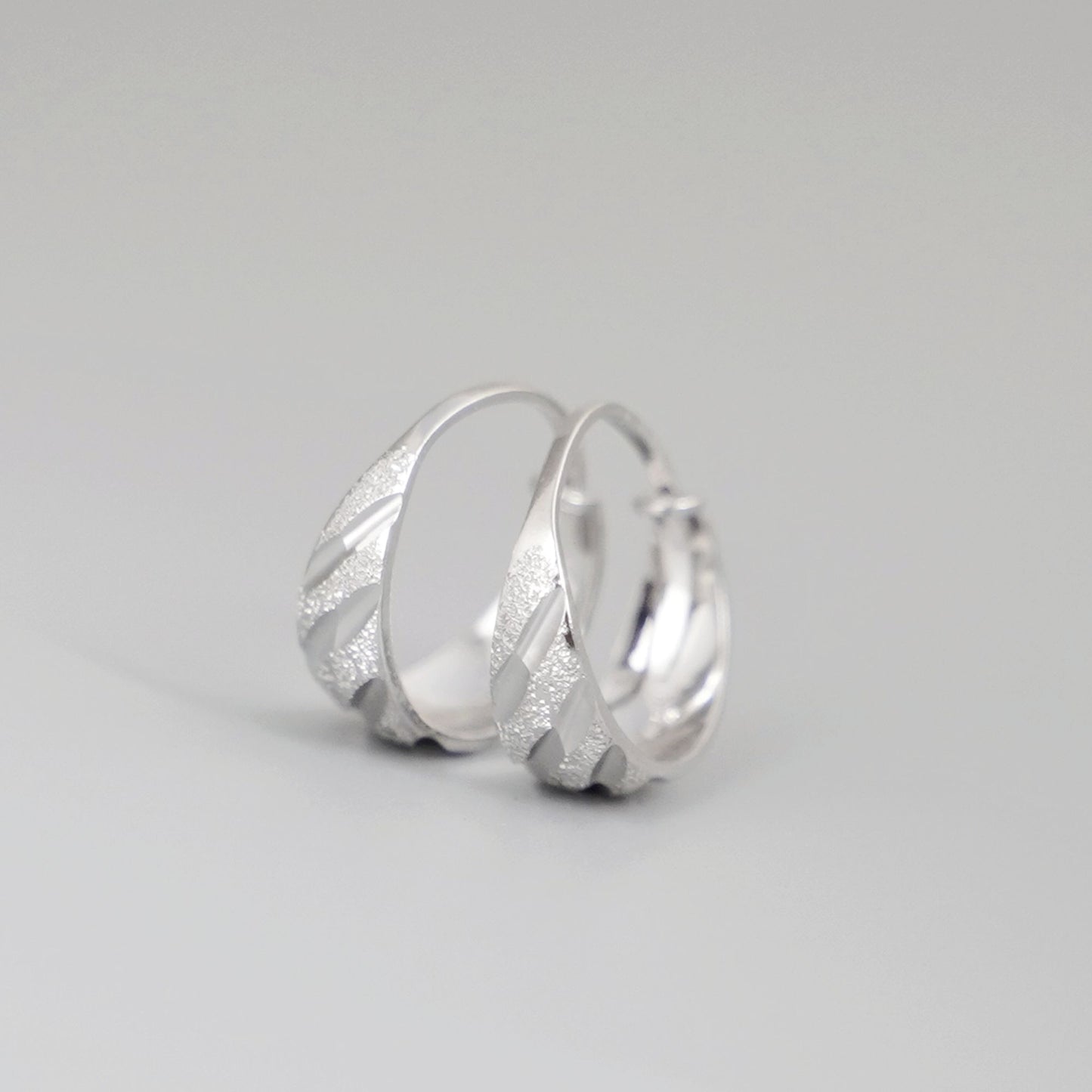 Sterling Silver Wide Diagonal Grooved Sandblasted Dome Sleeper Hoop Earrings
