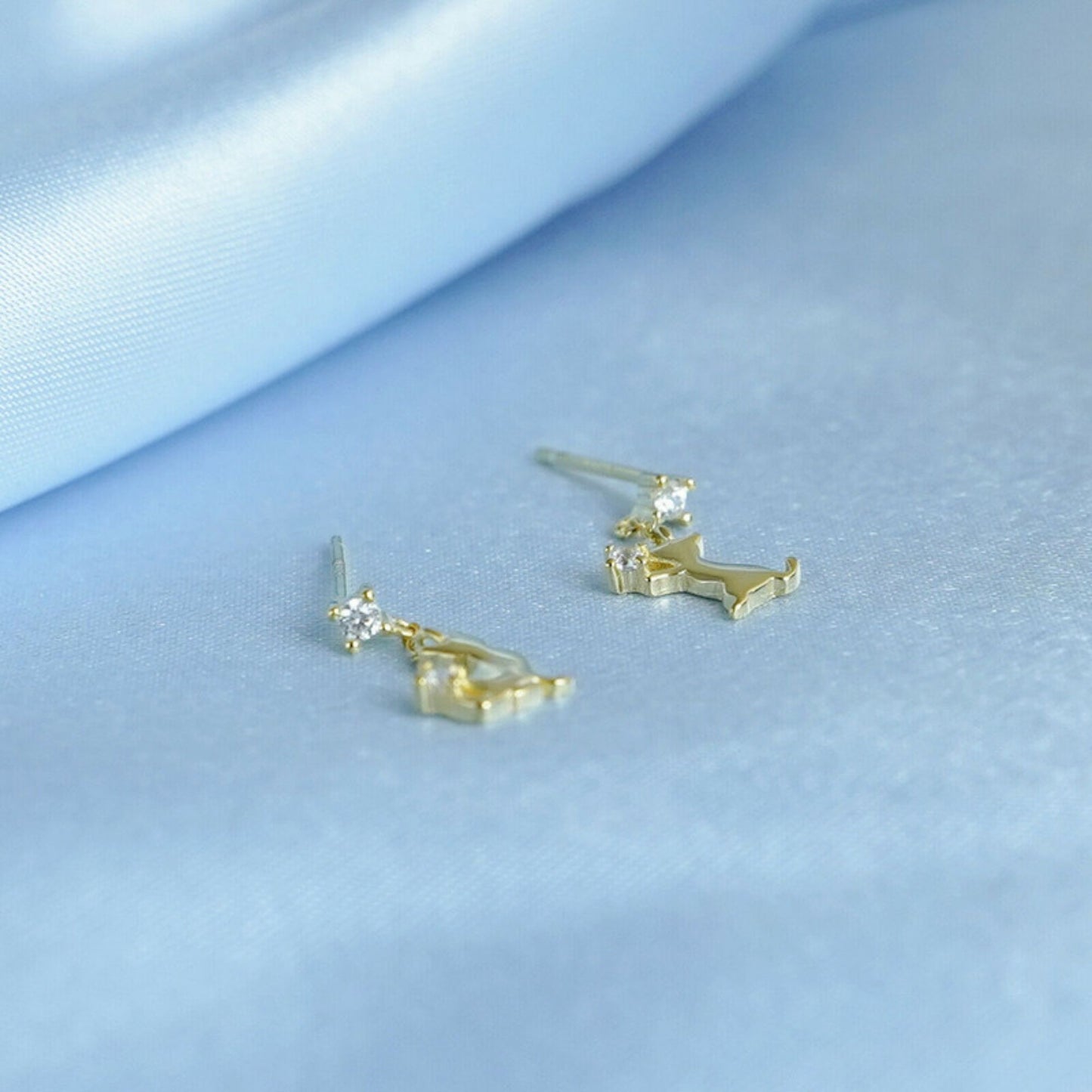 18K Gold Plated Sterling Silver Kitten Drop Stud Earrings with CZ