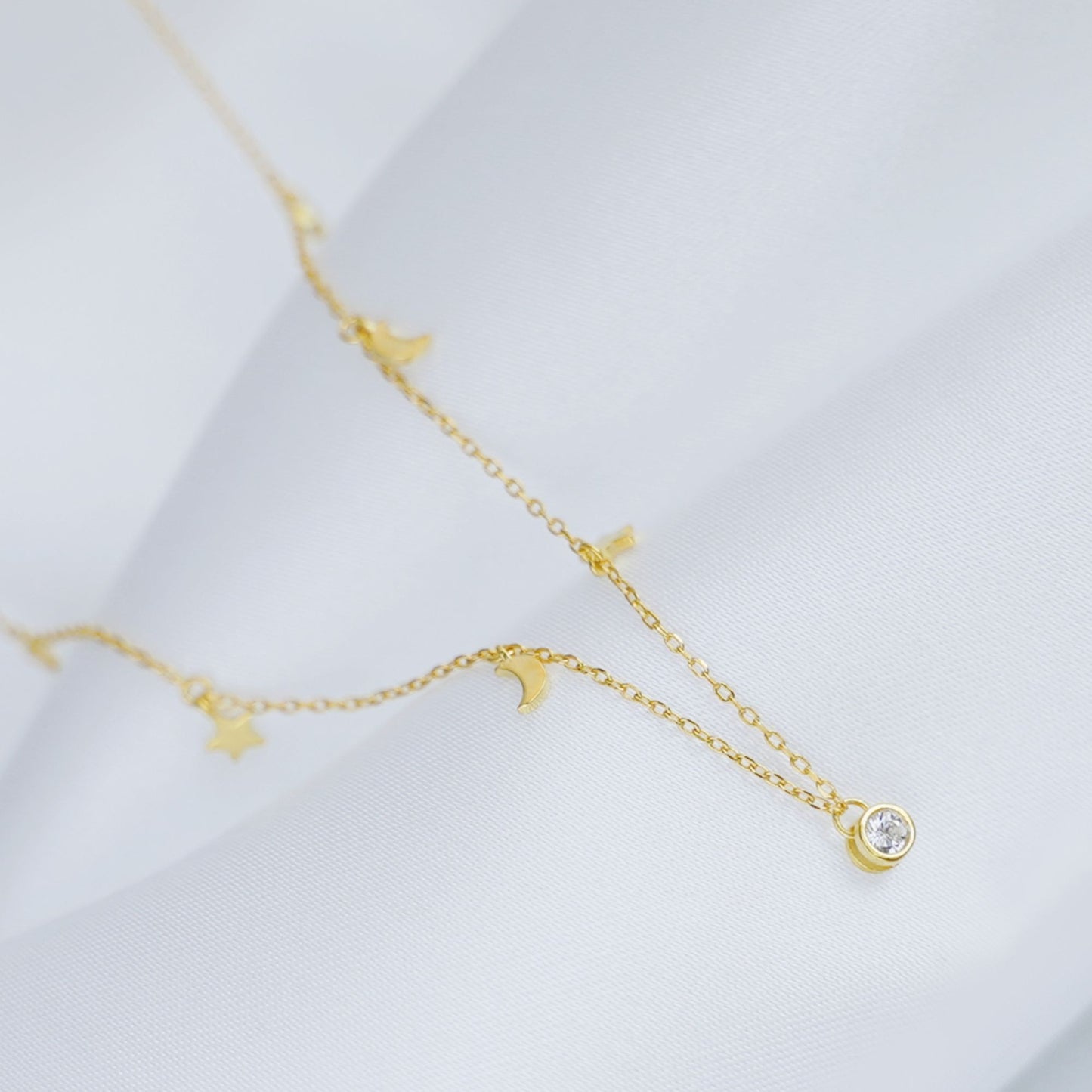 Sterling Silver Mini Star Crescent Moon Bezel Solitaire Charm Drip Necklace 2 Tones - sugarkittenlondon