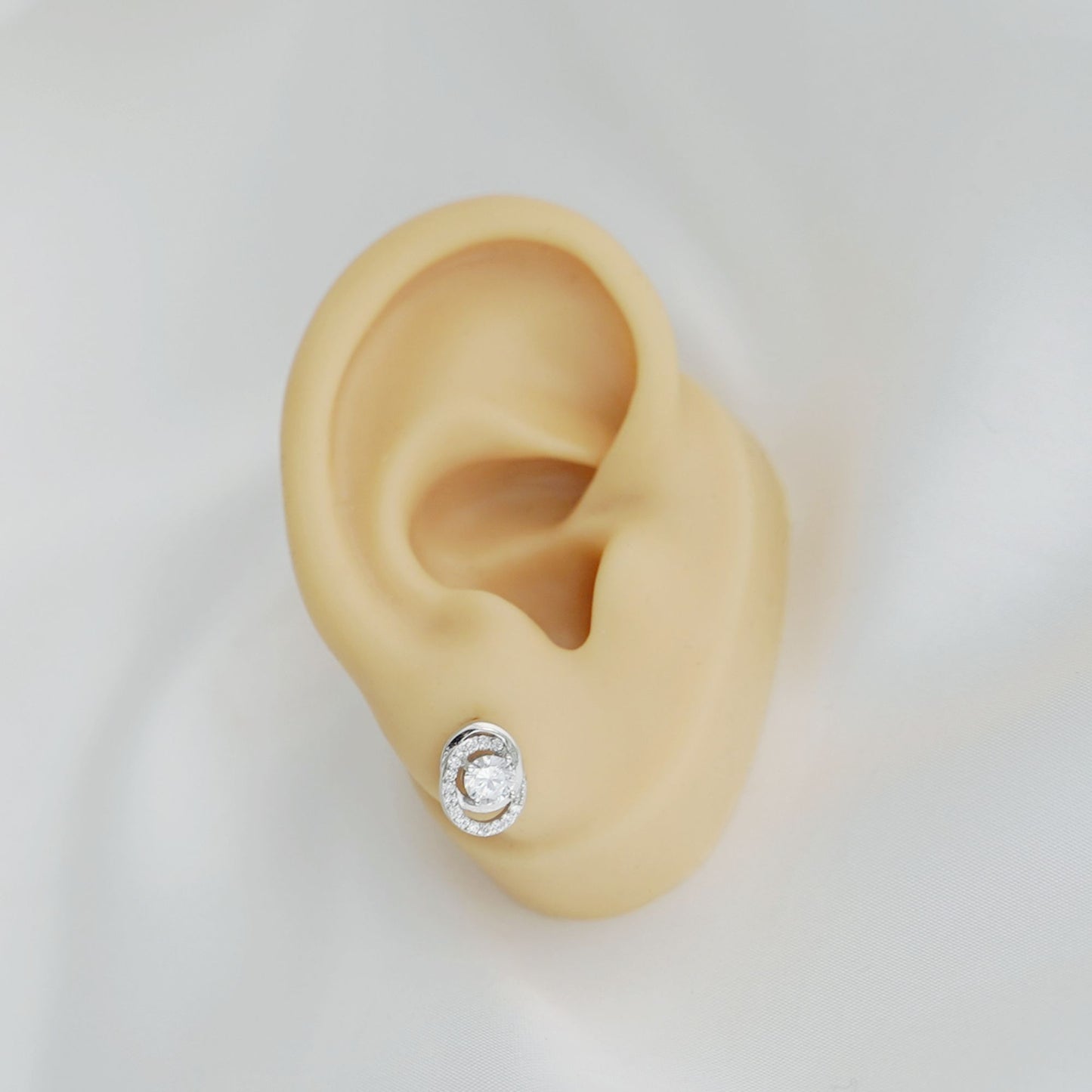 Stunning Rhodium-Plated Sterling Silver Halo Stud Earrings with 5mm CZ Ovals