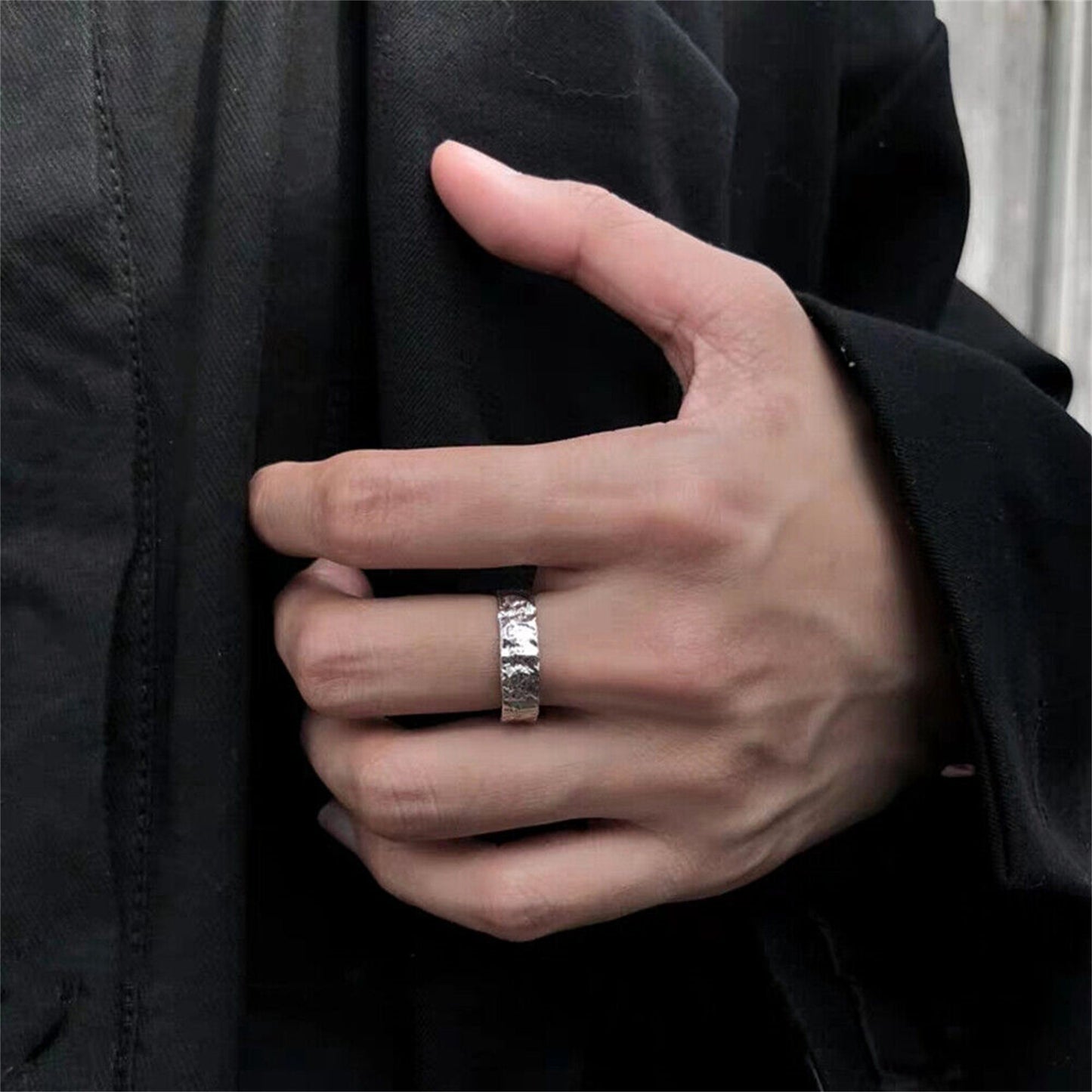Sterling Silver Hammered Foil Textured Shiny 5mm Width Open Band Ring Unisex - sugarkittenlondon