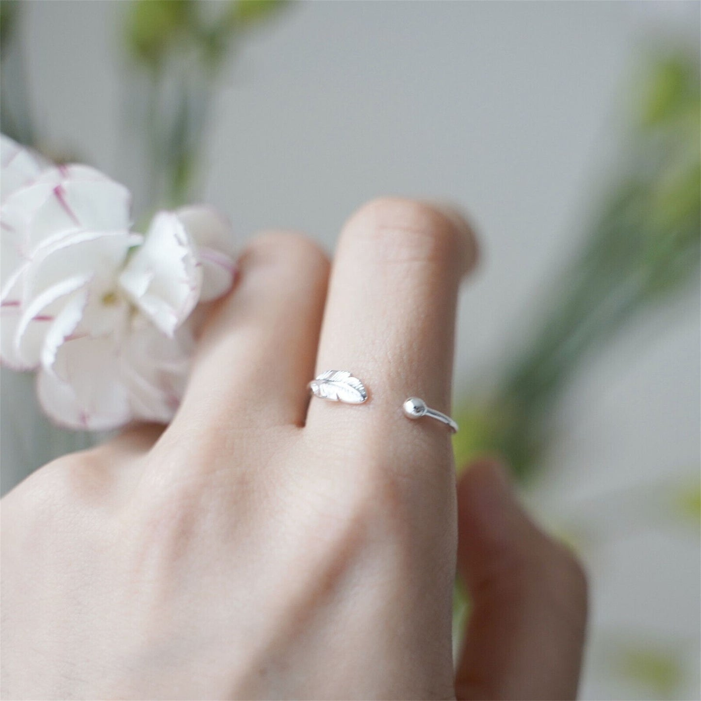 Sterling Silver Feather Angel Finger Bead Ball Open Ring Adjustable - sugarkittenlondon