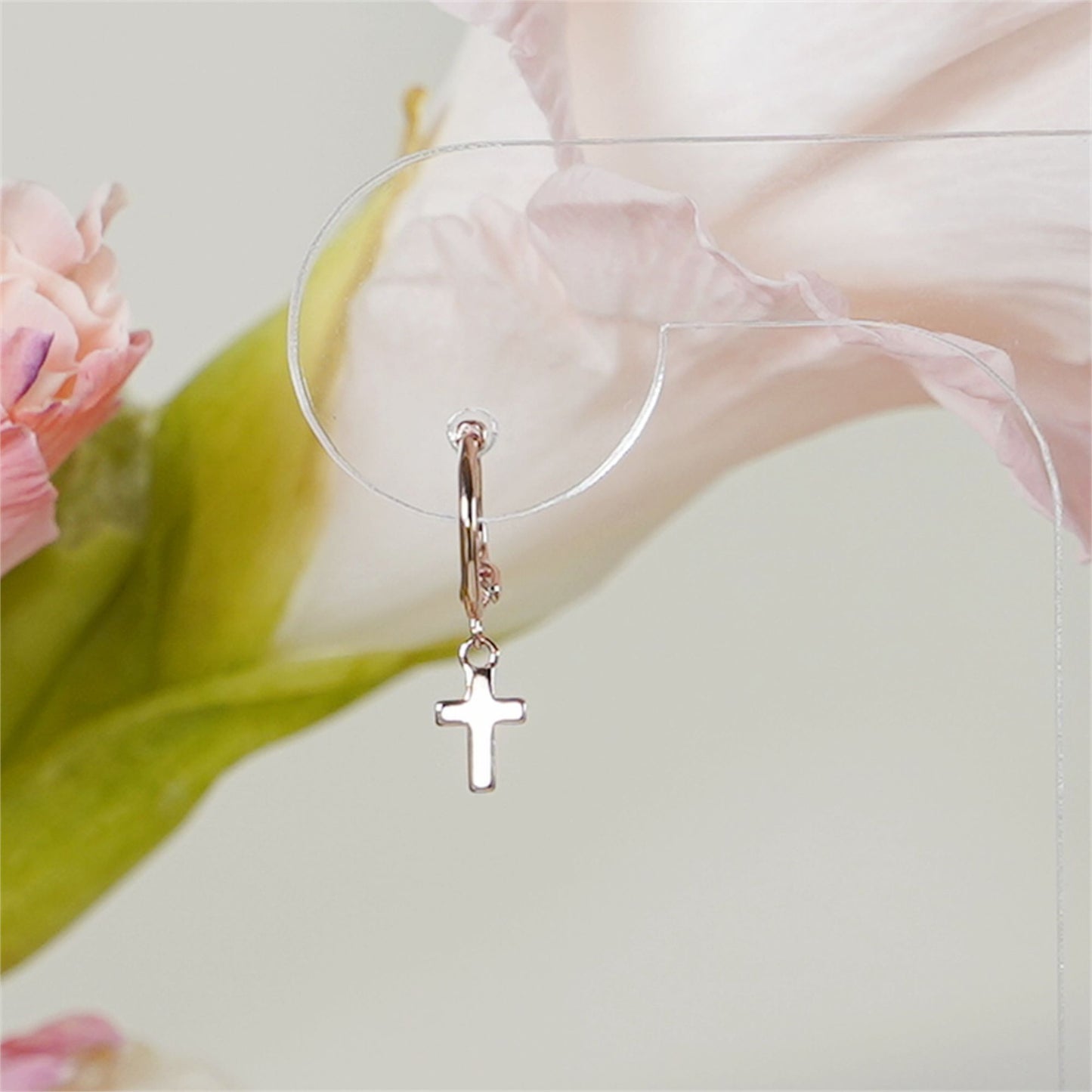Rose Gold on Sterling Silver Cross Hoop Earrings with Sterling Silver Charm