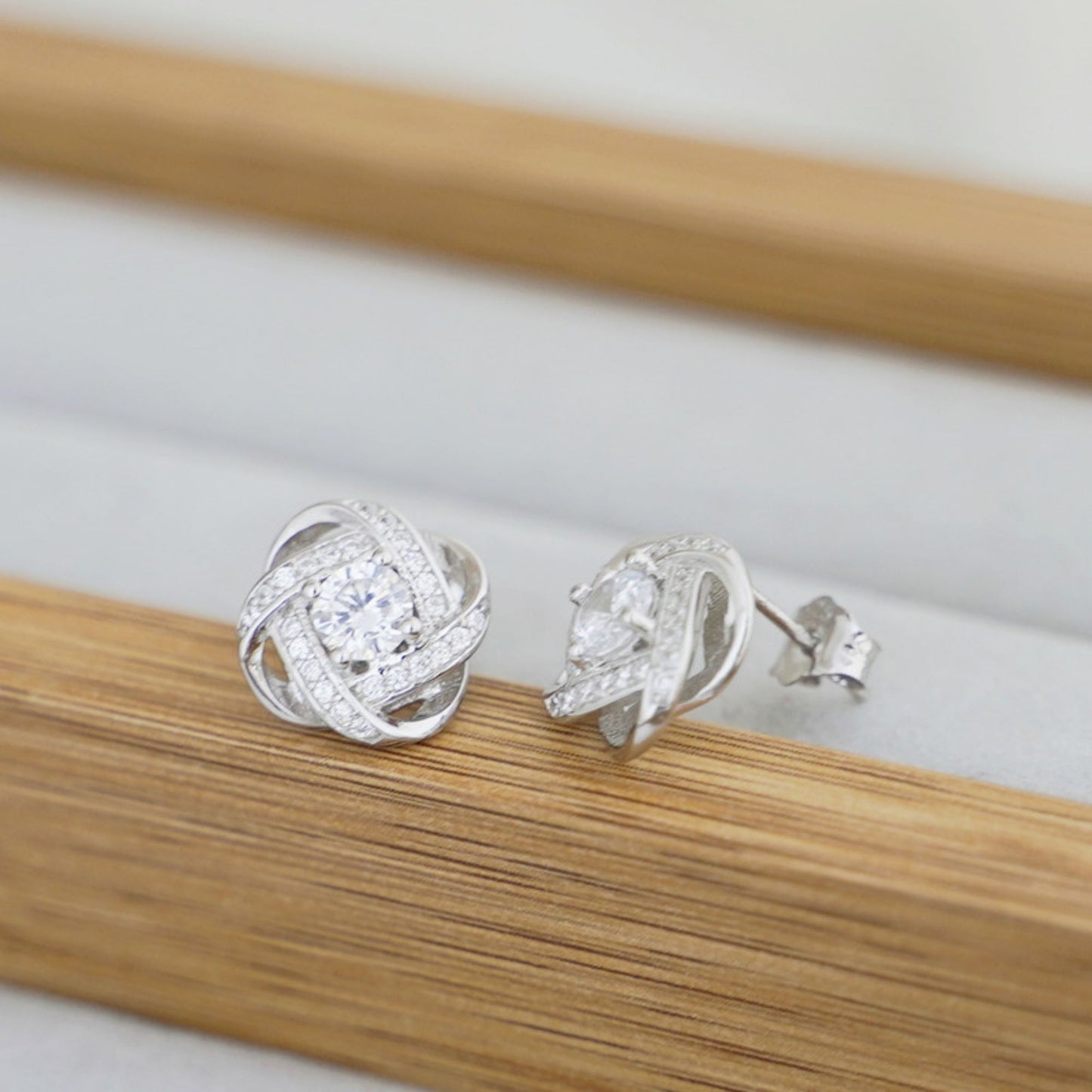 Sterling Silver CZ Halo Knot Flower Stud Earrings Jewellery Women Lady II - sugarkittenlondon