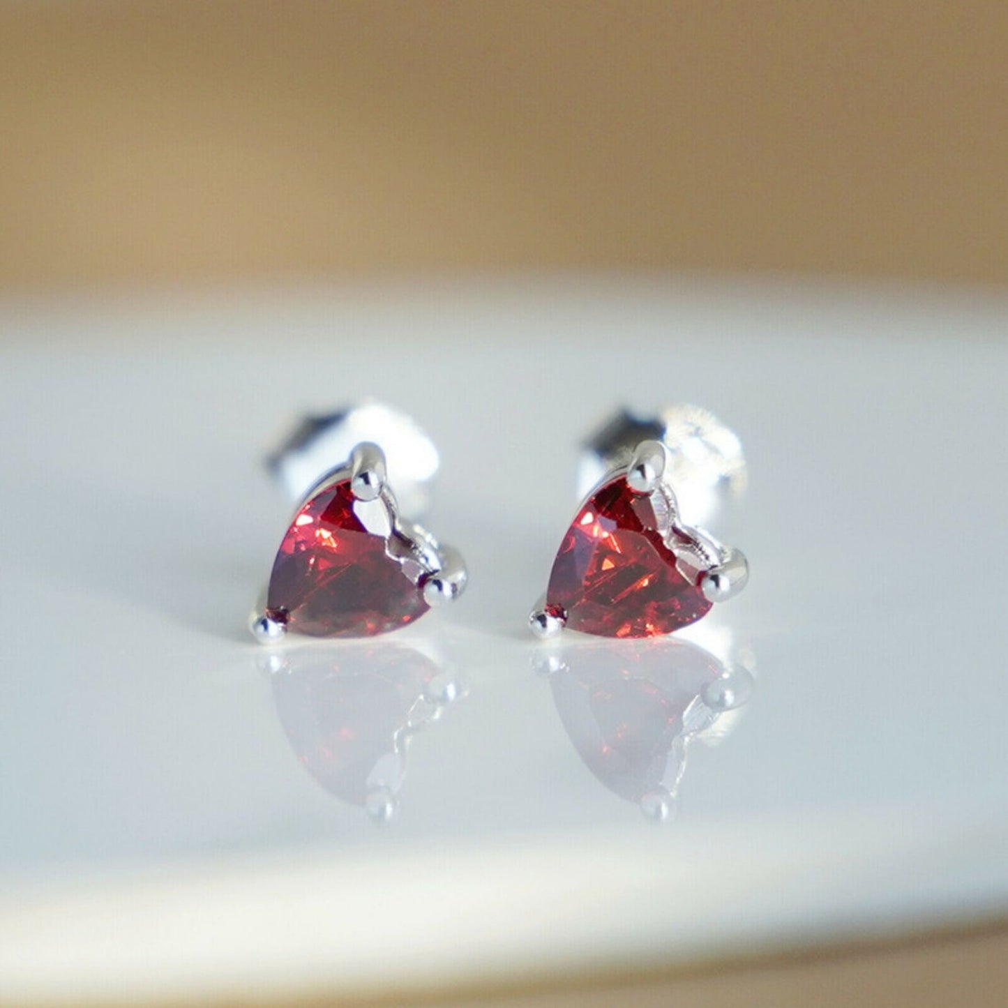 Sterling Silver Red Garnet Cut CZ Heart Shaped Stud Earrings Jewellery - sugarkittenlondon