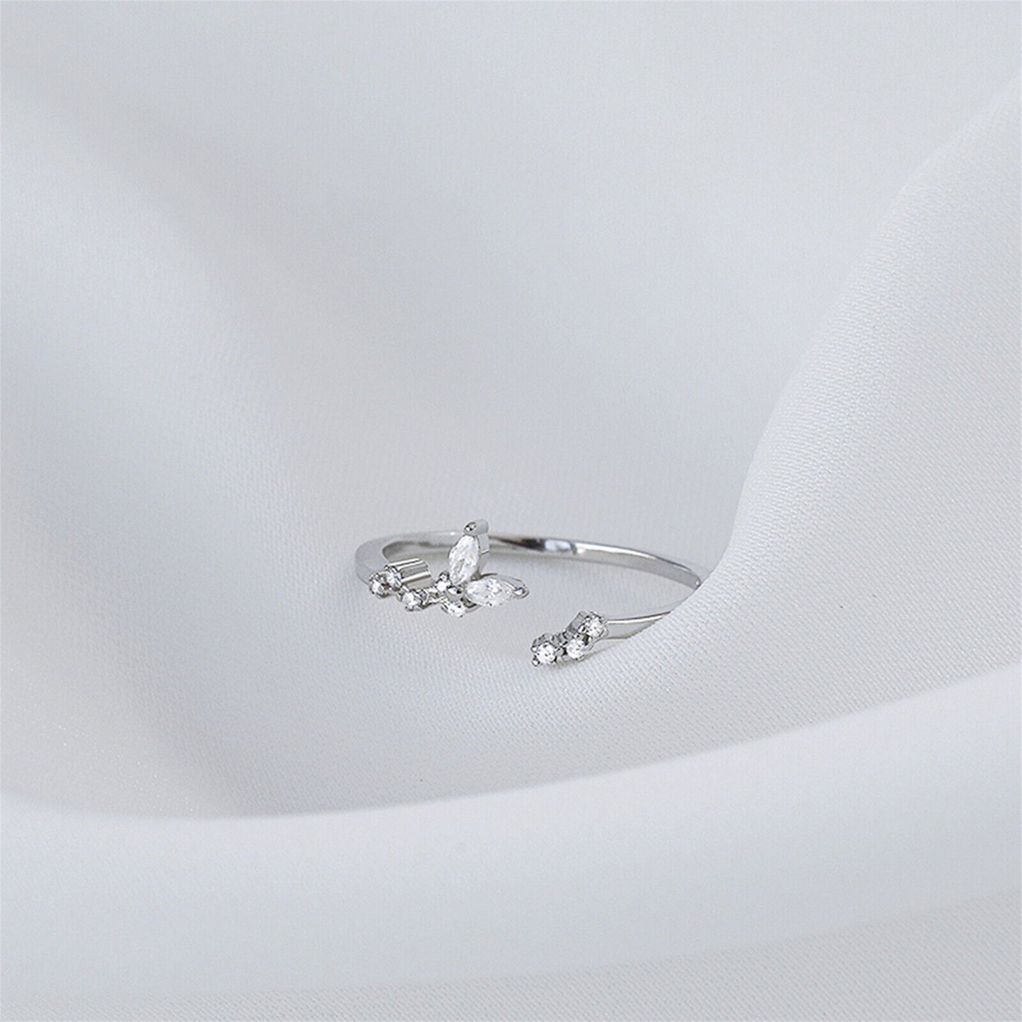Rhodium on Sterling Silver Sparkling Crystal CZ Butterfly Open End Ring - sugarkittenlondon