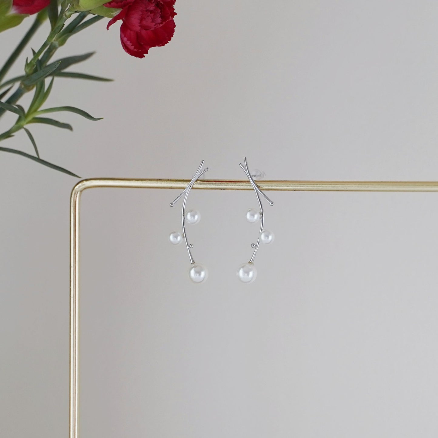 Sterling Silver Seashell Pearl Long Drop Mistletoe Branch Xmas Post Earrings - sugarkittenlondon