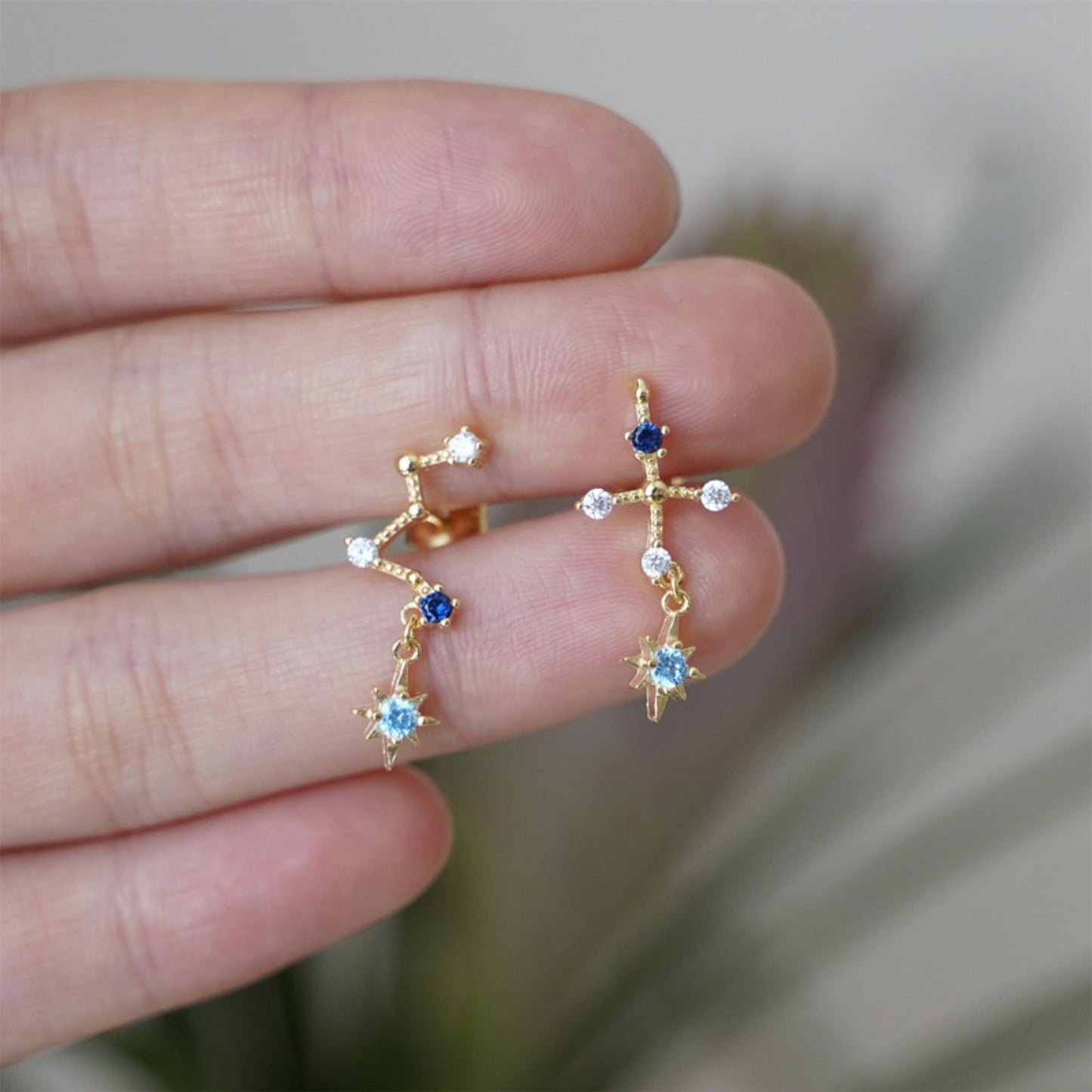 18K Gold on Sterling Silver CZ Big Dipper Blue Polaris Star Cross Climber Drop Earrings - sugarkittenlondon