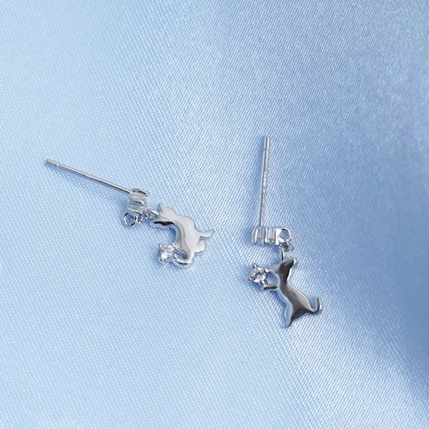 925 Sterling Silver CZ Courting Cat Playful Kitten Drop Stud Earrings