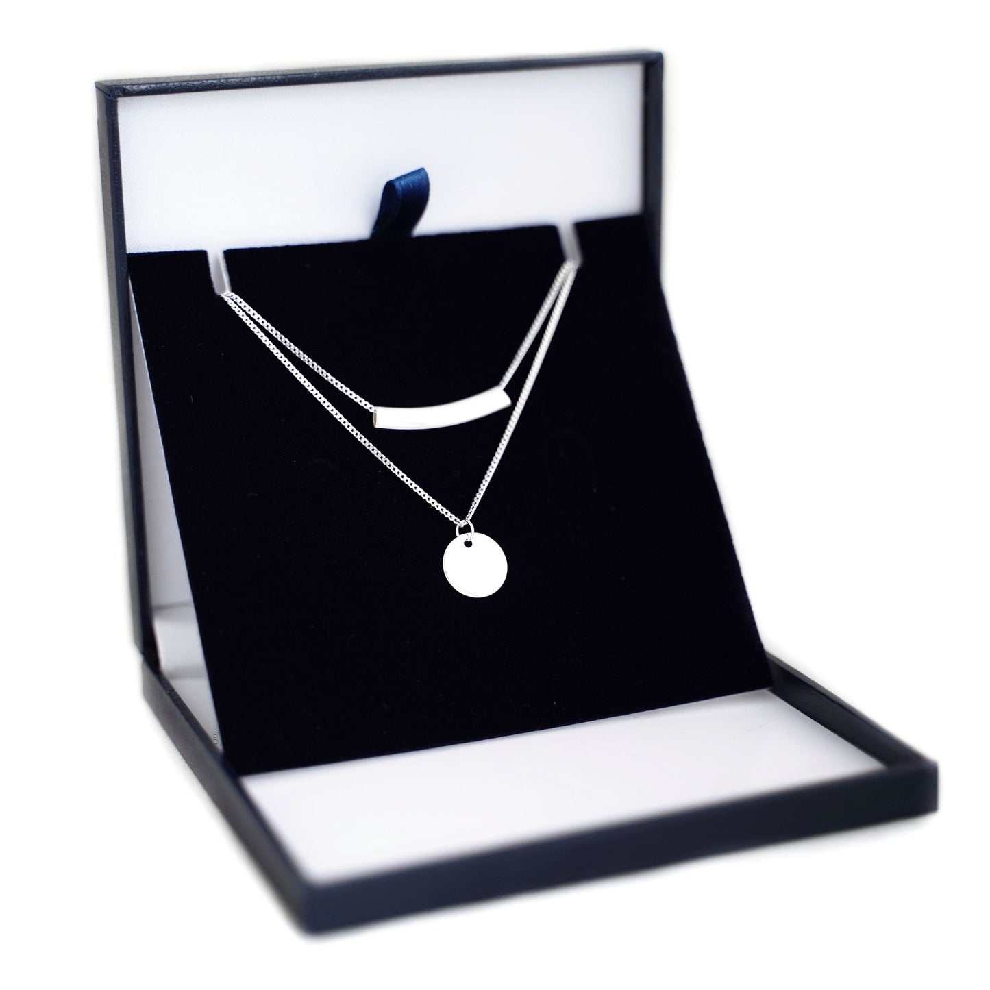 Sterling Silver Double Layer Disc Dot Pebble Charm Tube Curb Chain Necklace - sugarkittenlondon