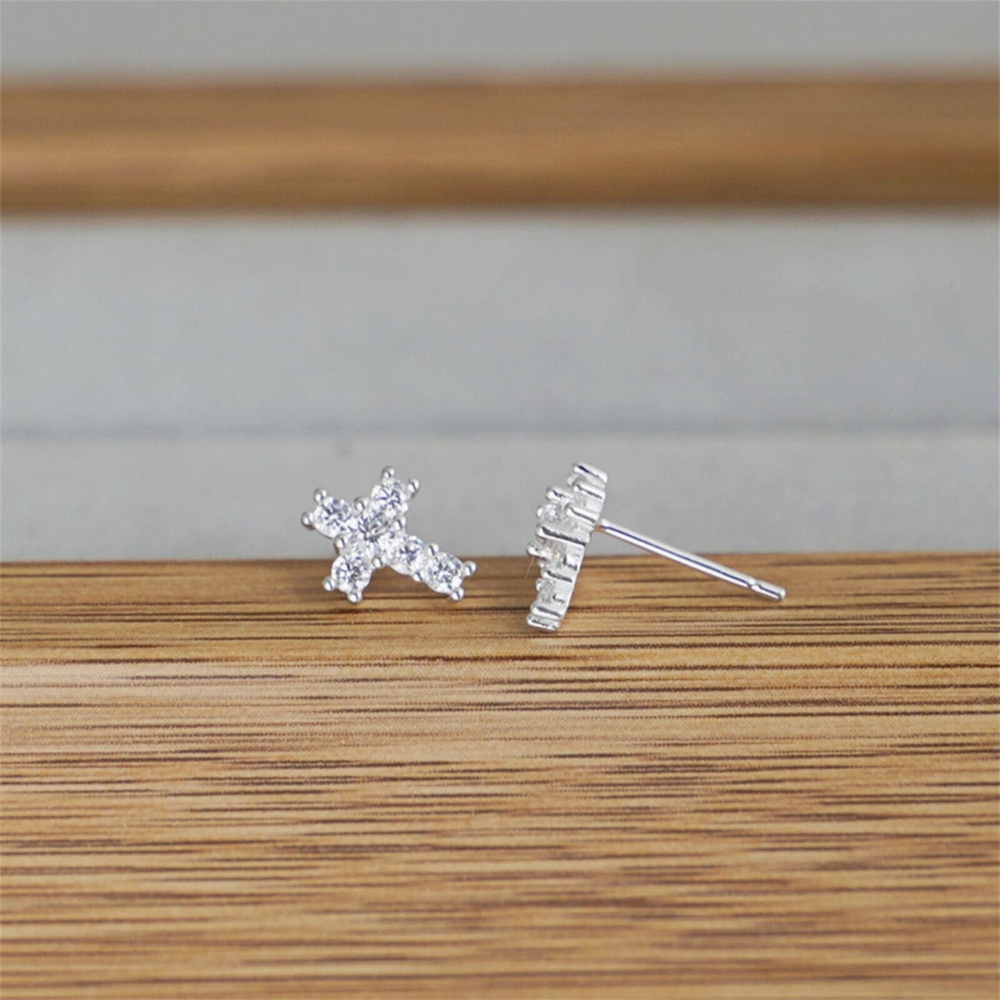 Sterling Silver Mini Cross Claw Set Clear CZ Stud Earrings - sugarkittenlondon
