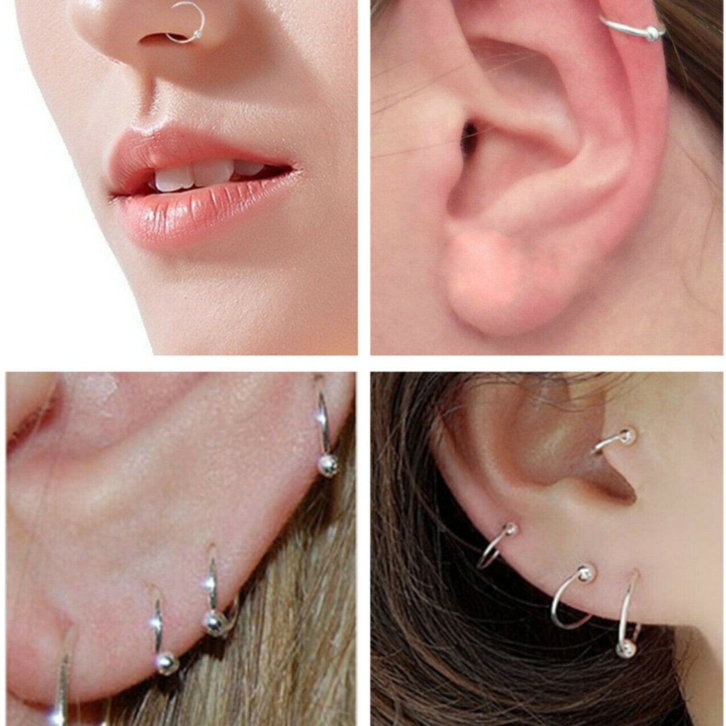 925 Sterling Silver fine 999 Bead Ball Nose Hoop Earrings for Unisex, Hypoallergenic, 6-12mm