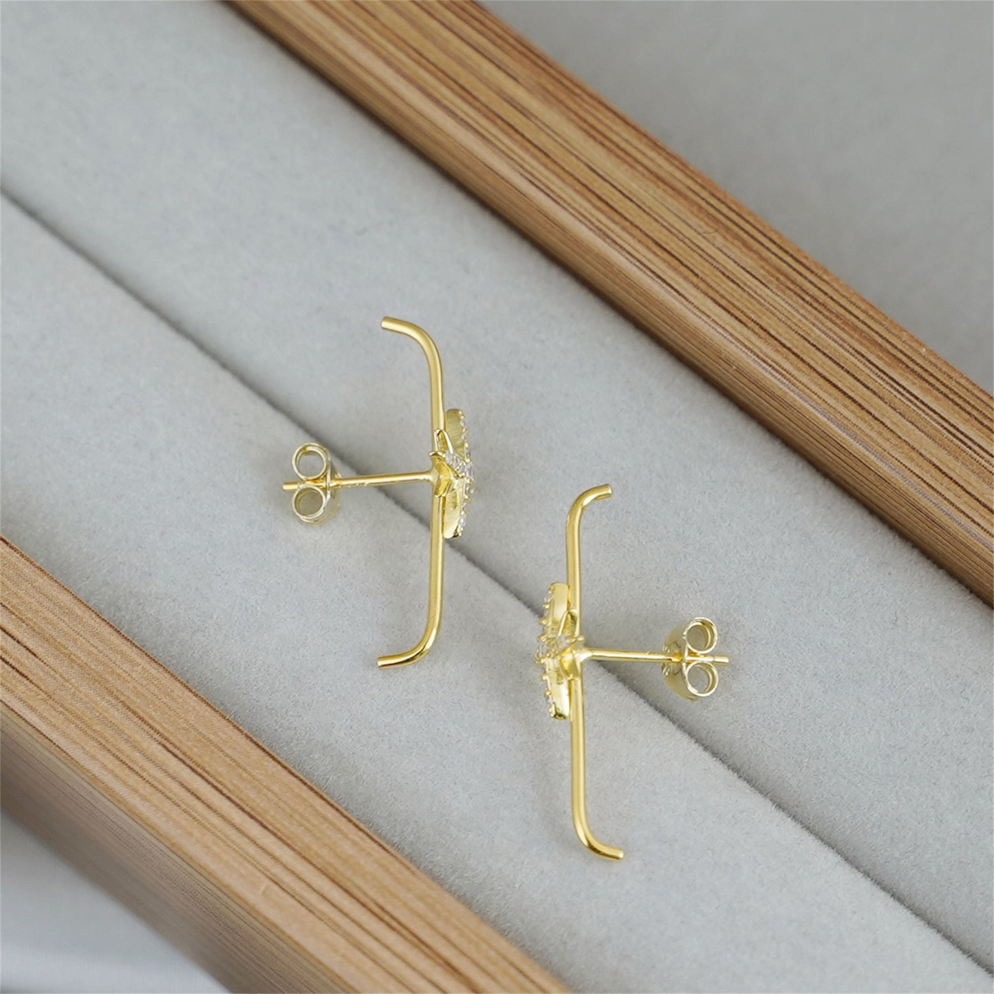 18K Gold on Sterling Silver North Pole Star CZ Suspender Bar Cuff Stud Earrings
