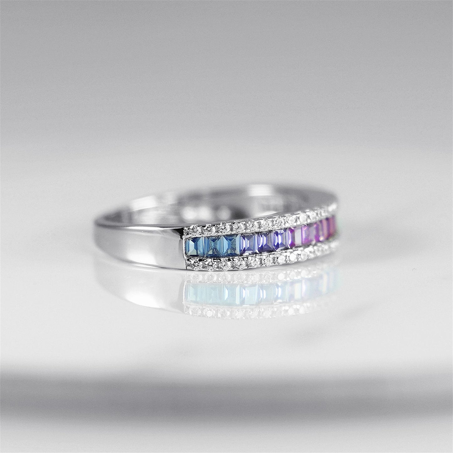 Sterling Silver Half Channel Set Baguette Rainbow Multi-Colour CZ Eternity Ring - sugarkittenlondon