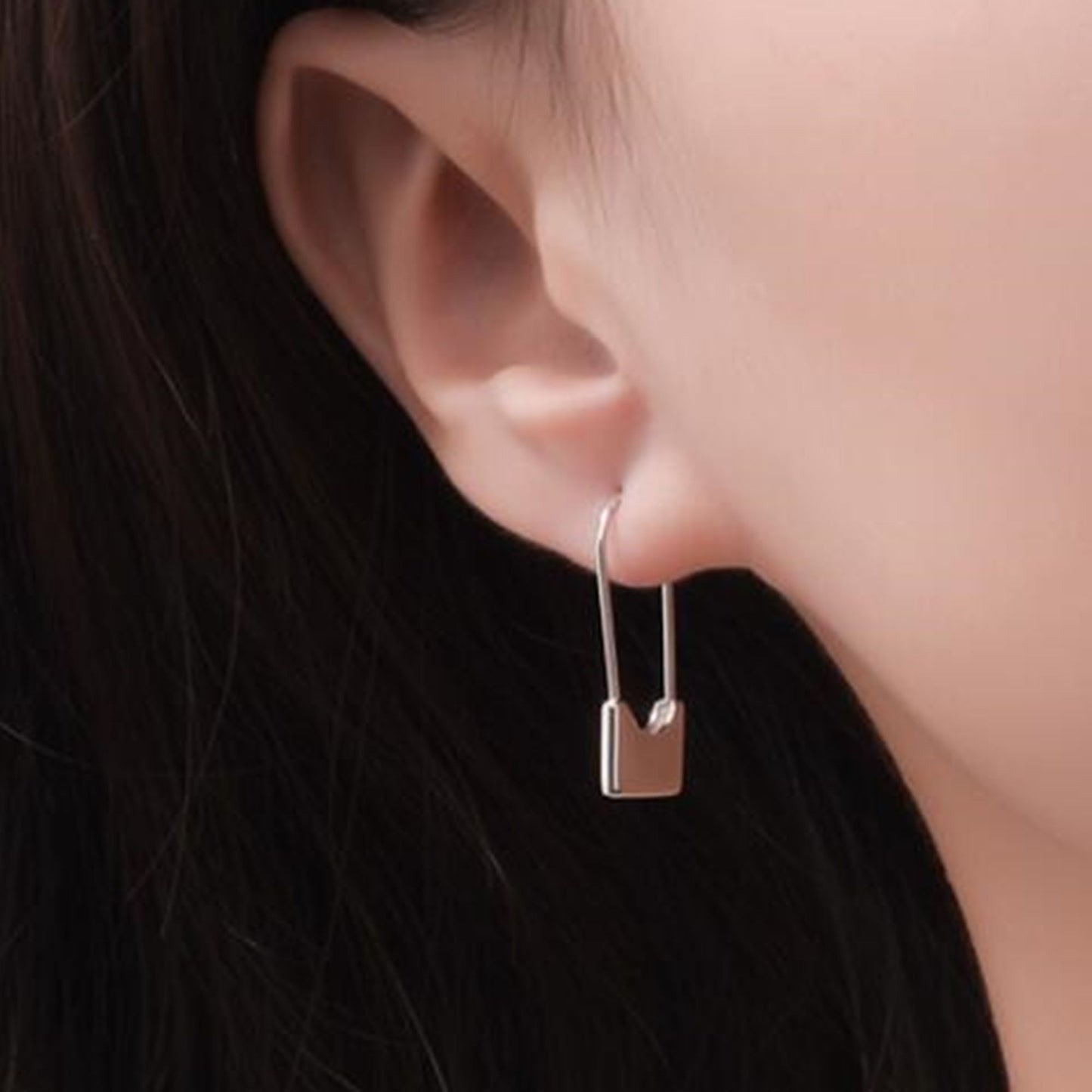 925 Sterling Silver Safety Pin Hoop Earrings with Padlock Charm
