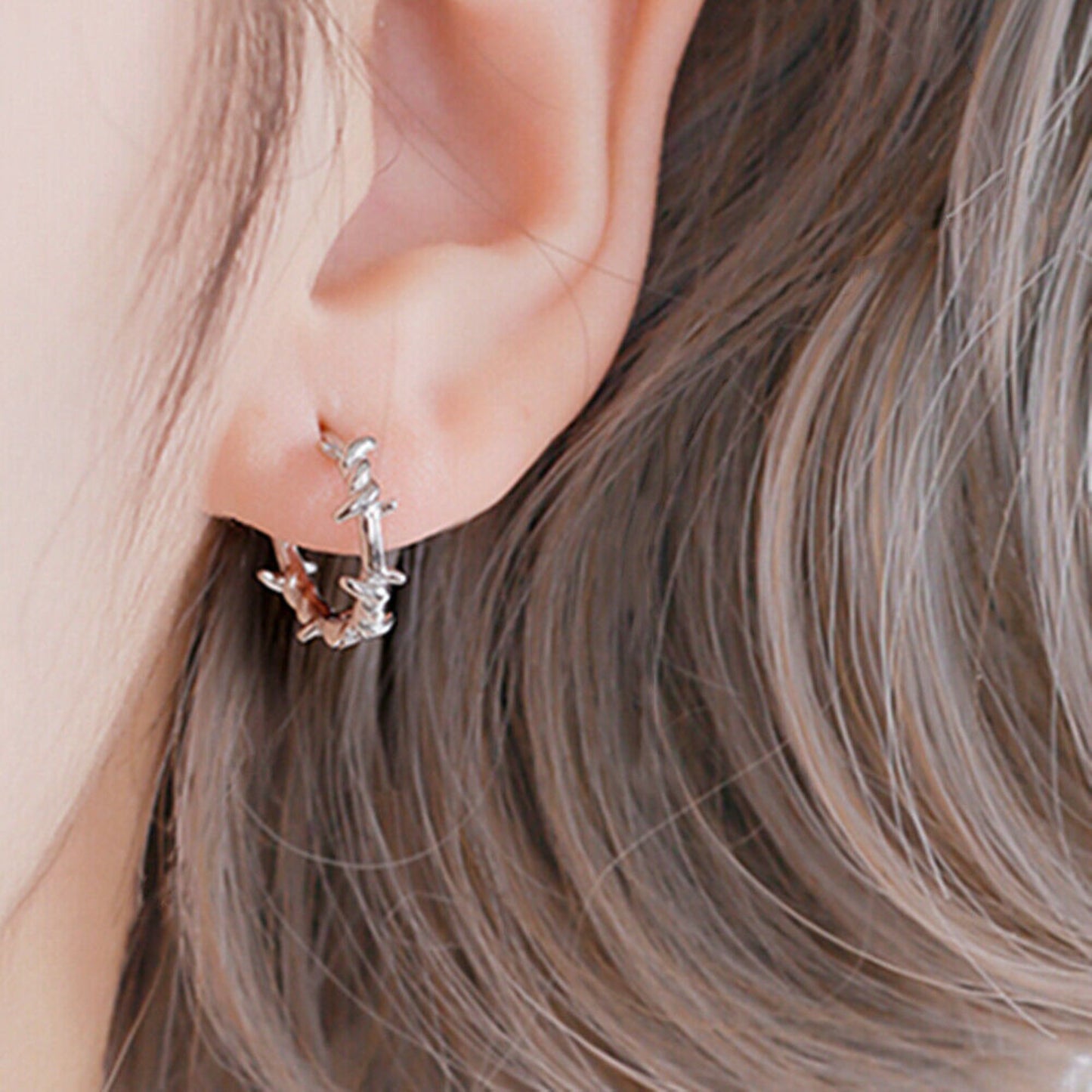 925 Sterling Silver Barb Wire Hoop Sleeper Earrings with Twisted Thorn Branch Design