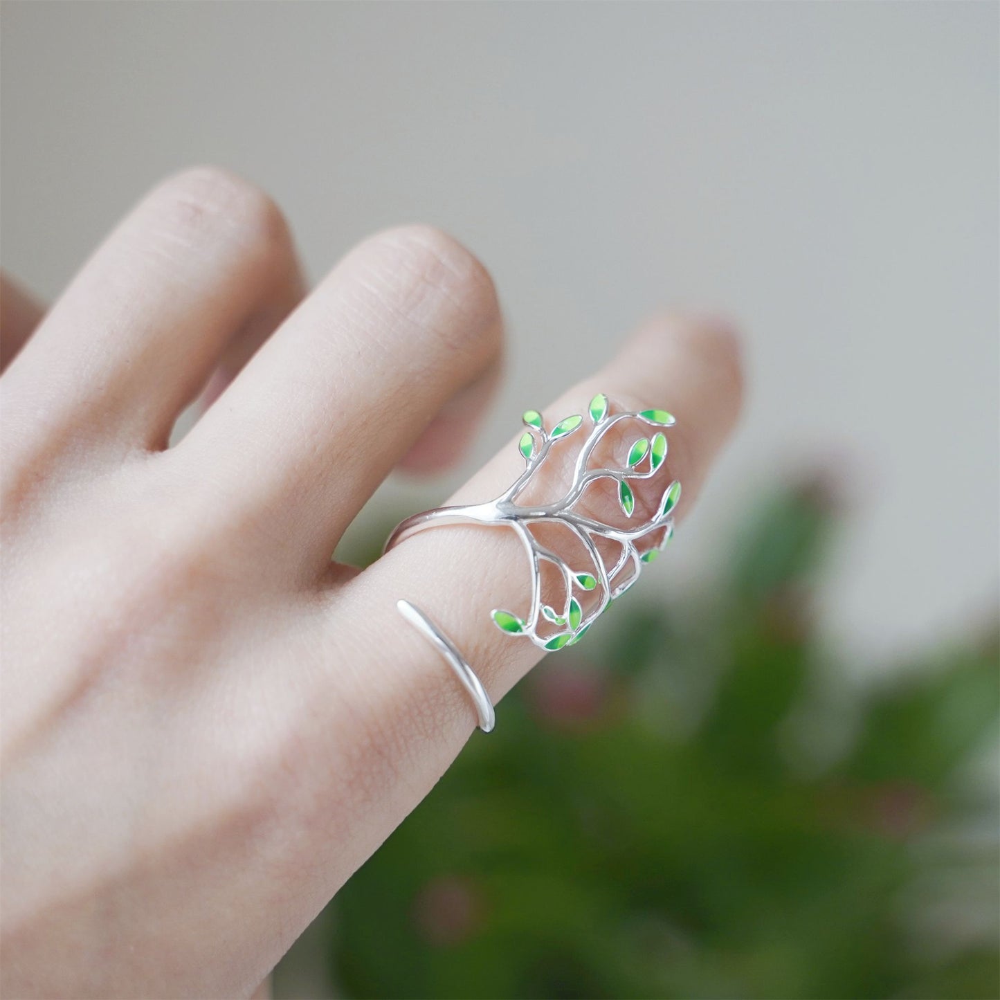 Sterling Silver Tree of Life Green Glazed Leaf Branch Forest Wrap Ring - sugarkittenlondon