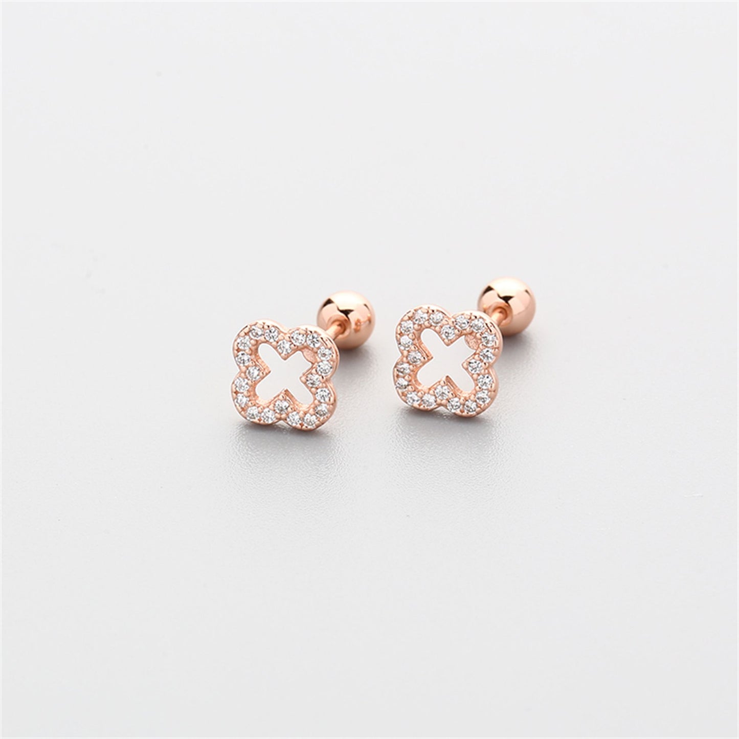 925 Sterling Silver 4 Leaf Clover Pave CZ Bead Ball Screw Back Stud Earrings