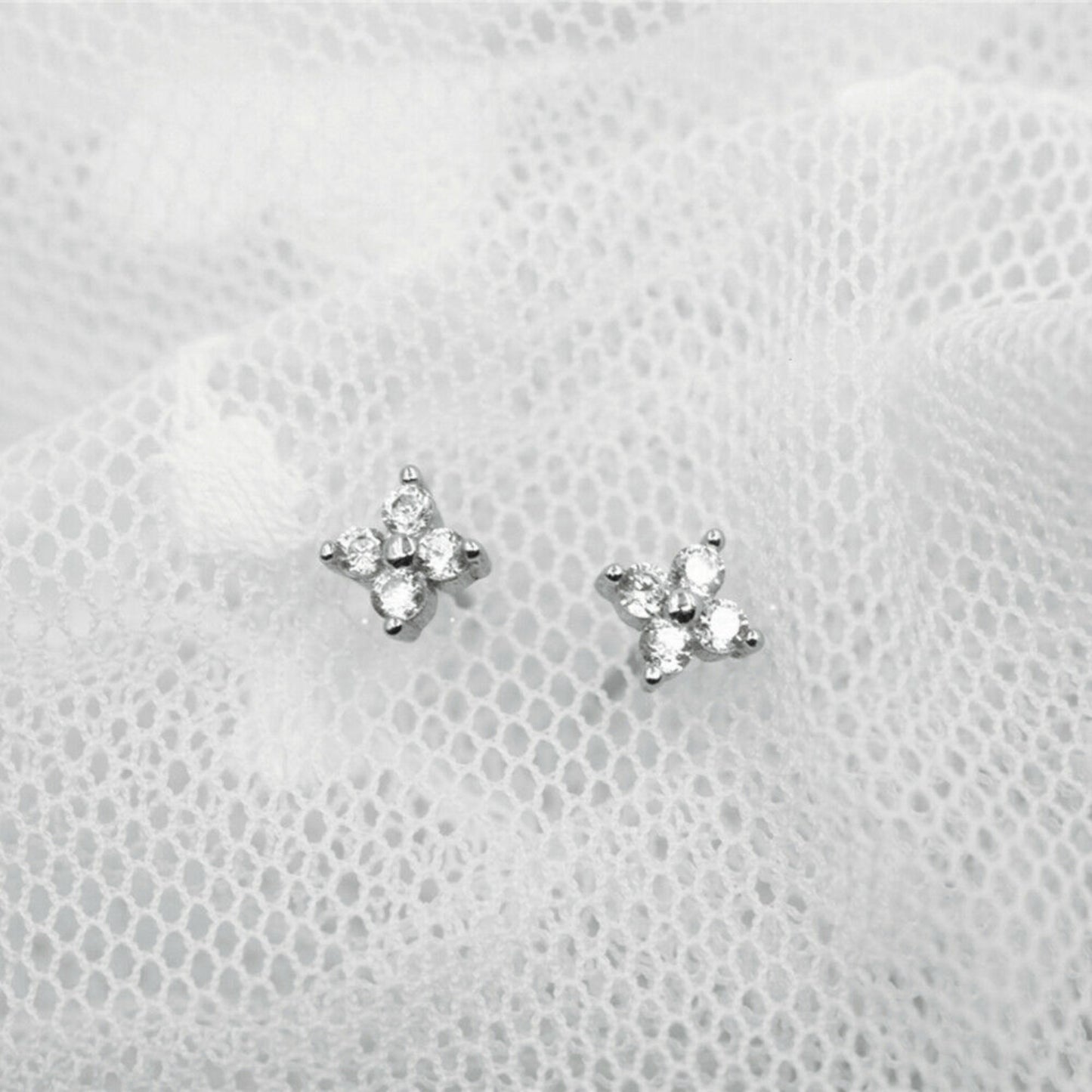 925 Sterling Silver CZ Flower Stud Earrings with Shiny Finish