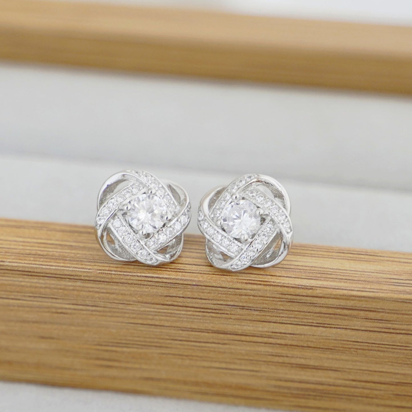 Sterling Silver CZ Halo Knot Flower Stud Earrings Jewellery Women Lady II - sugarkittenlondon